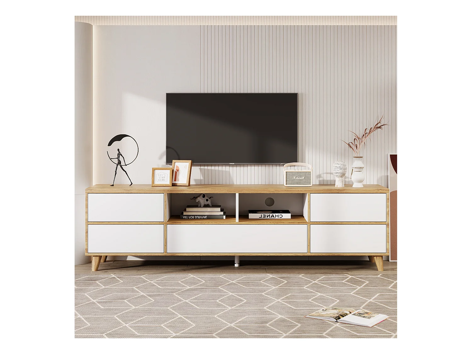Meuble TV avec rangement, design naturel, MDF, blanc et bois (175x37x51cm)