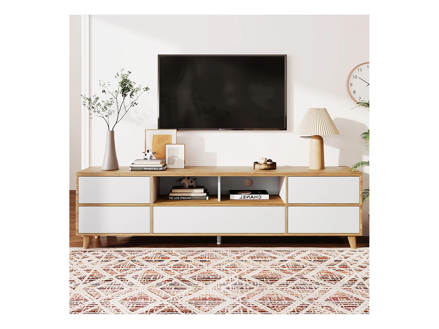 Meuble TV avec rangement, design naturel, MDF, blanc et bois (175x37x51cm)