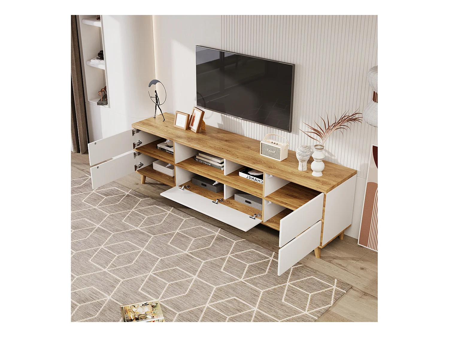 Meuble TV avec rangement, design naturel, MDF, blanc et bois (175x37x51cm)