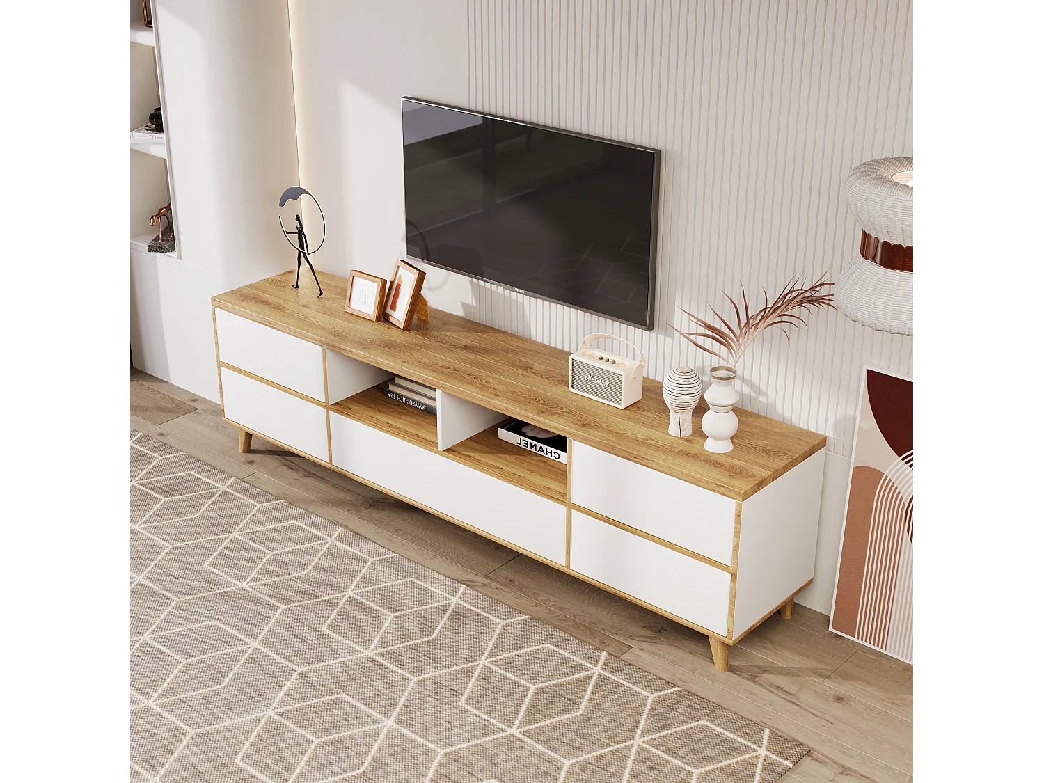 Mueble de TV con almacenaje, diseño natural, MDF, blanco y madera (175x37x51cm)