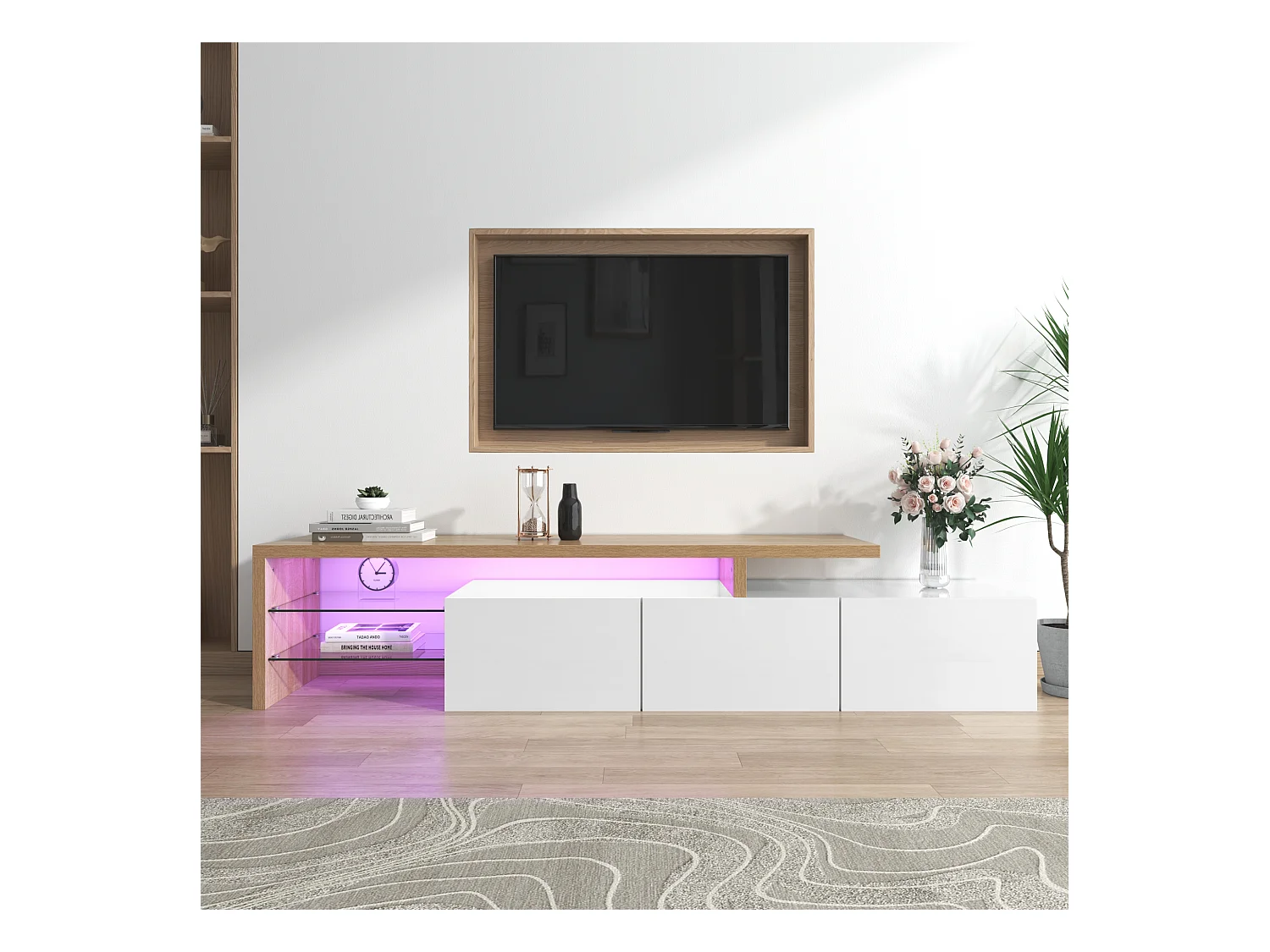 Mobile TV dal design moderno bianco e legno, ripiani in vetro, LED multicolor, MDF (197,5x39x42cm)