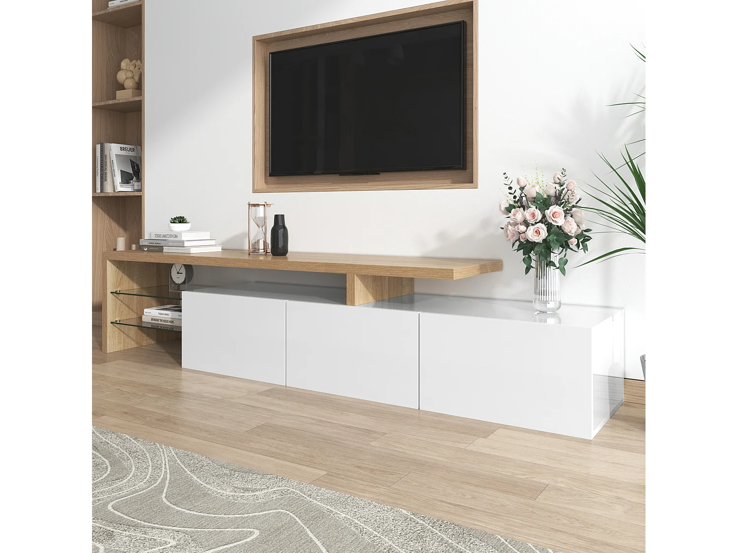 Mueble de TV de diseño moderno blanco y madera, estantes de cristal, LED multicolor, MDF (197,5 x 39 x 42 cm)