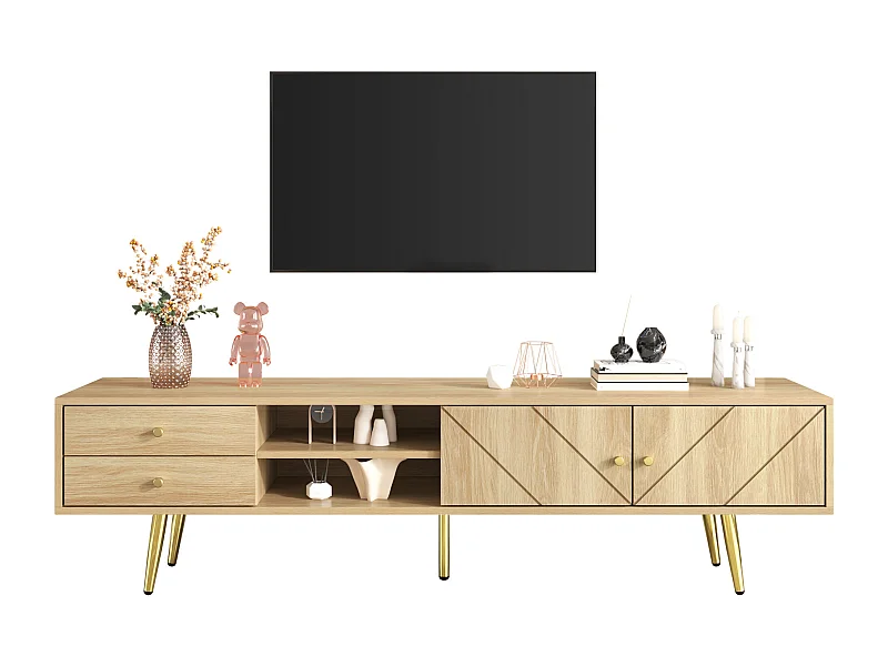 Meuble TV 160cm avec pieds dorés, deux tiroirs et portes à design unique, en bois, couleur bois (160x36x42cm)