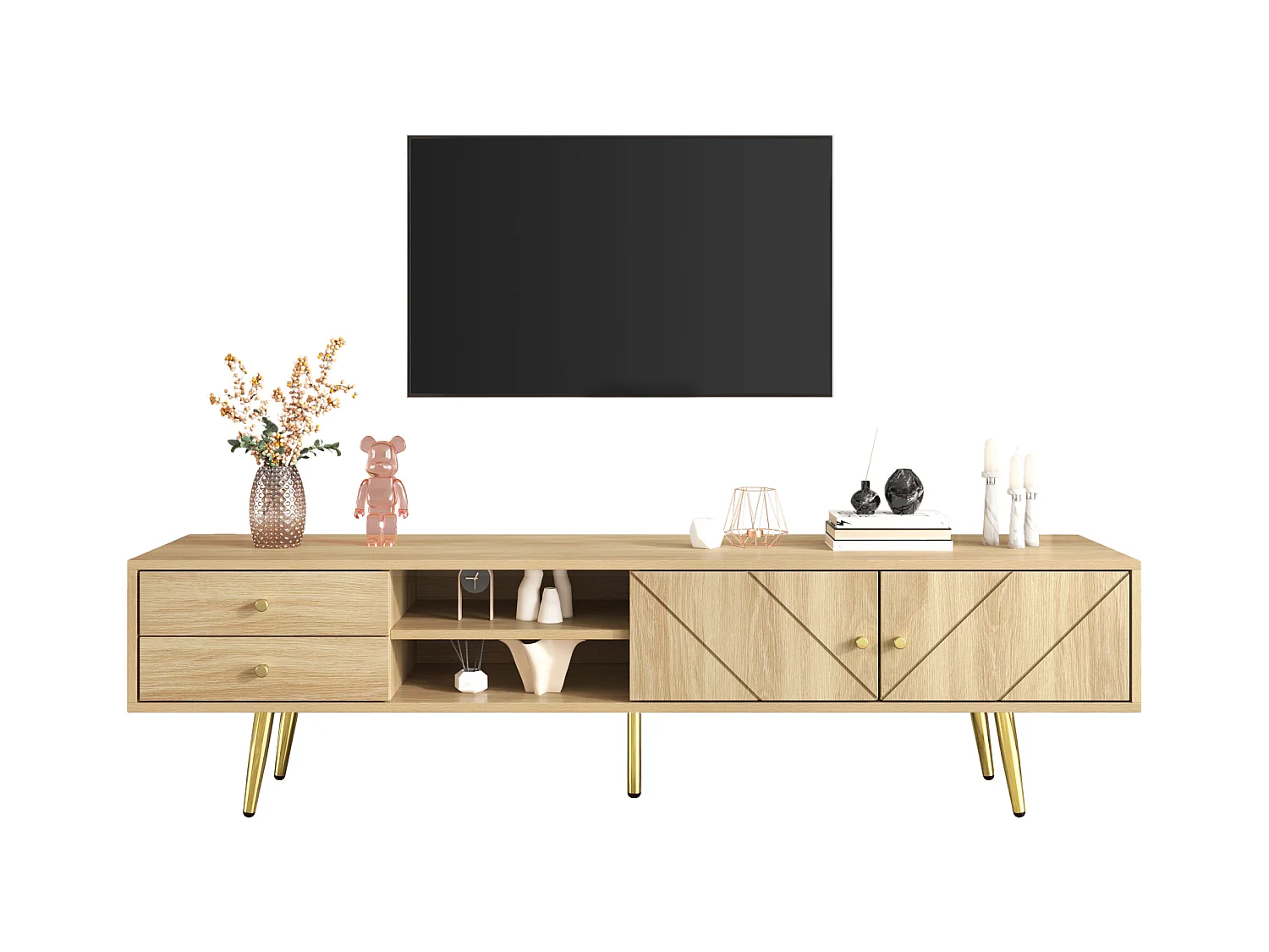 Meuble TV 160cm avec pieds dorés, deux tiroirs et portes à design unique, en bois, couleur bois (160x36x42cm)