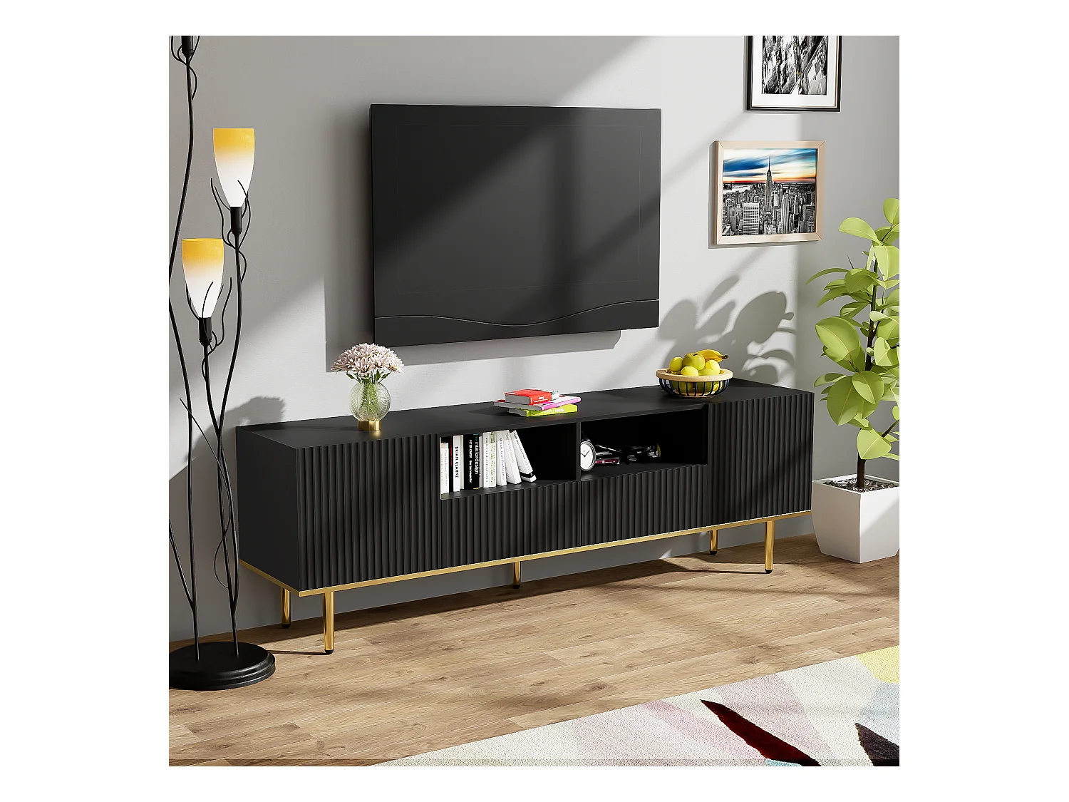 Meuble TV moderne avec pieds dorés et finition en bois, design élégant, MDF, noir et or (175x30x46cm)