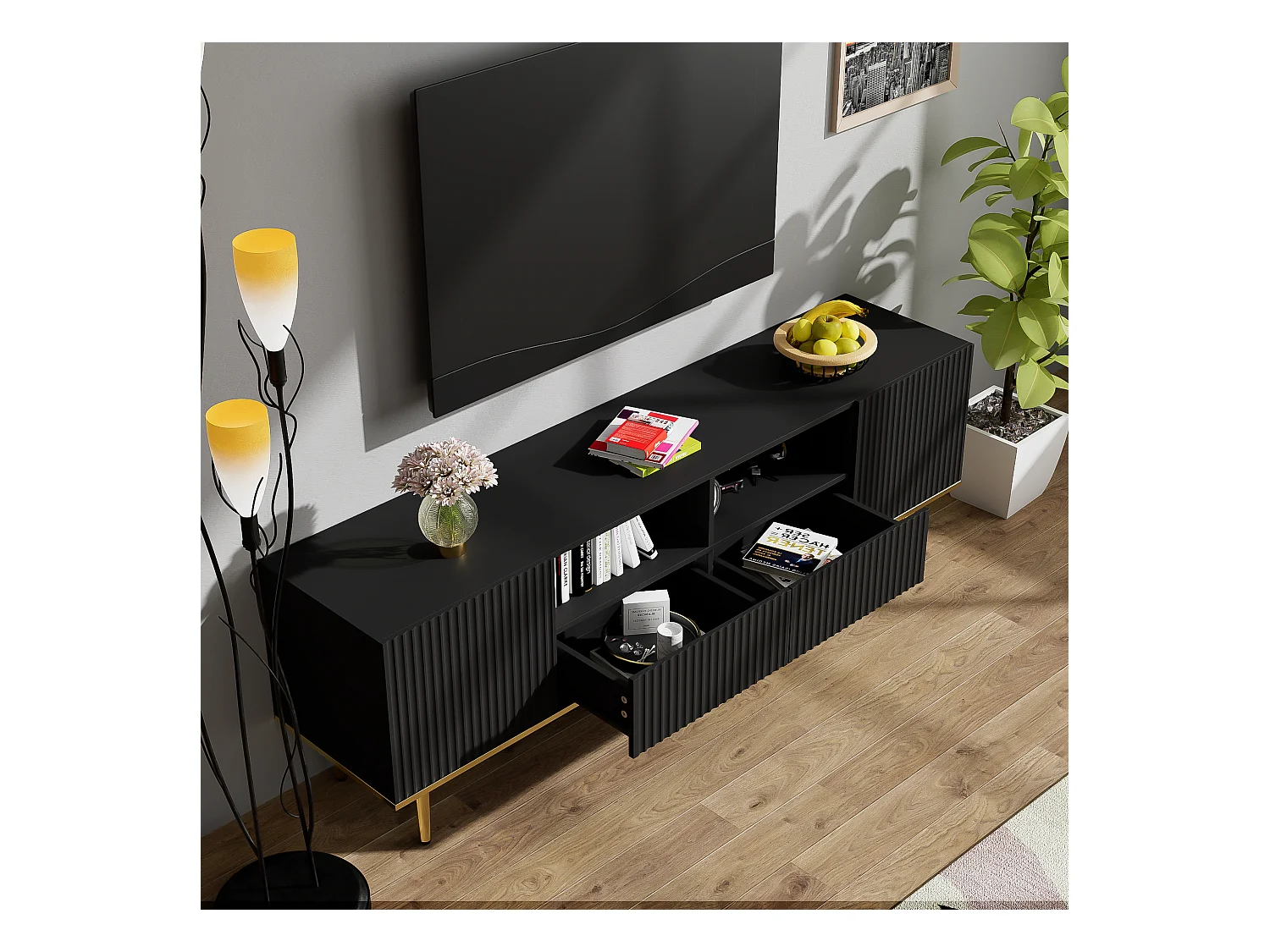 Meuble TV moderne avec pieds dorés et finition en bois, design élégant, MDF, noir et or (175x30x46cm)