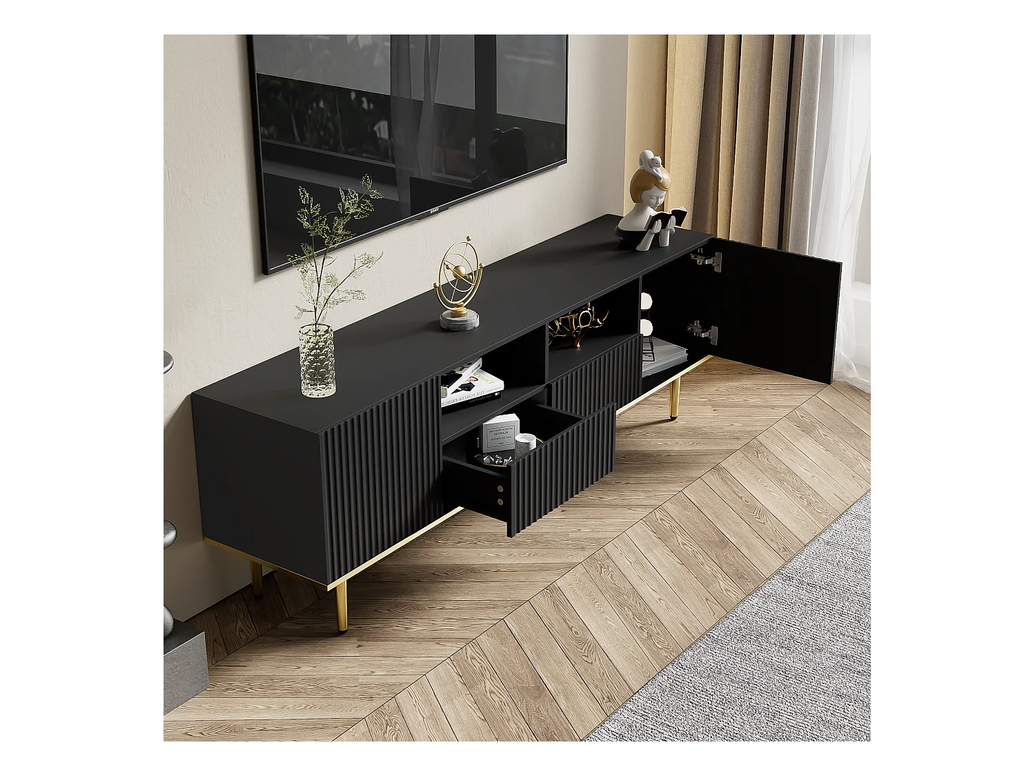 Meuble TV moderne avec pieds dorés et finition en bois, design élégant, MDF, noir et or (175x30x46cm)