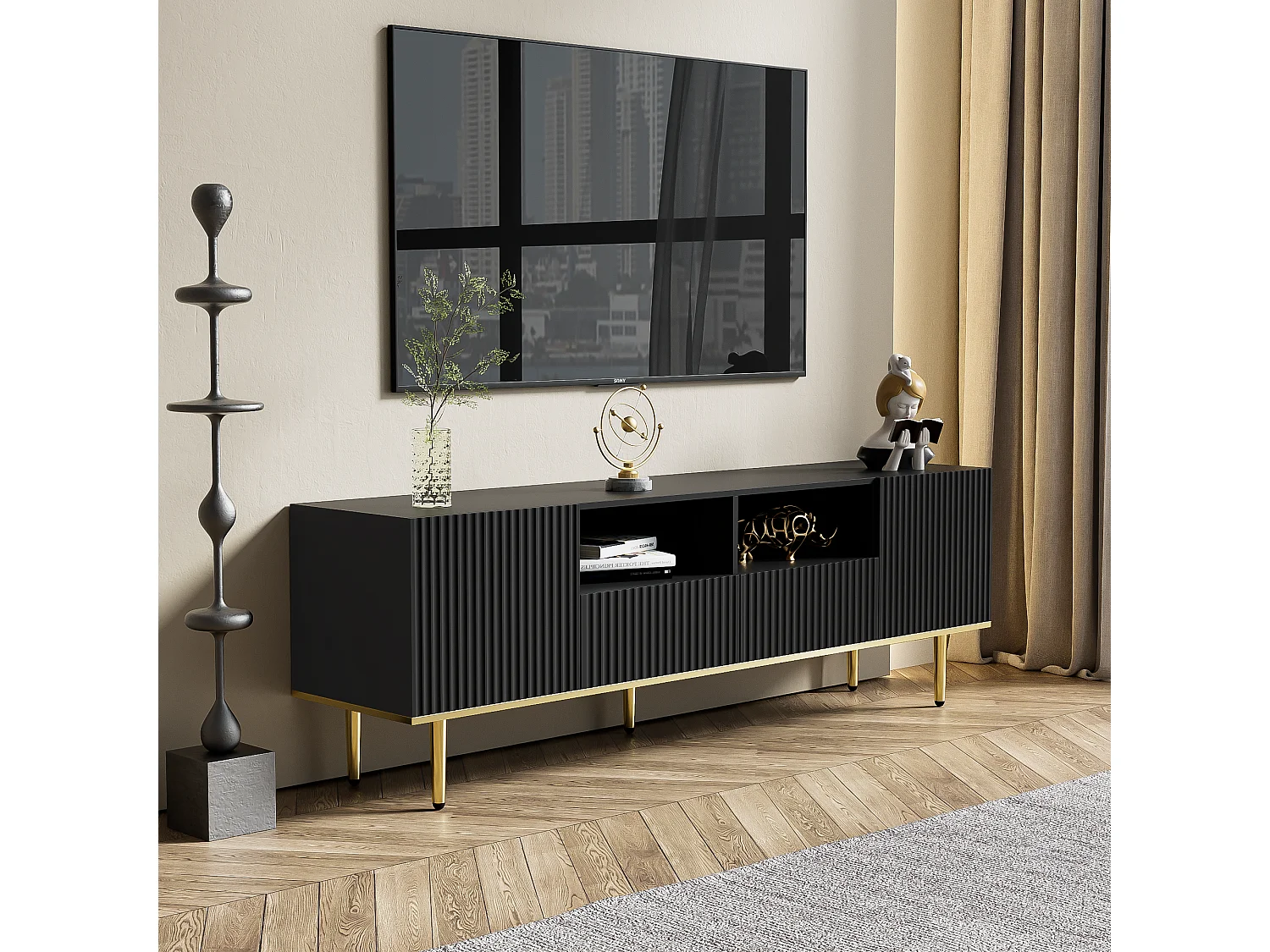 Meuble TV moderne avec pieds dorés et finition en bois, design élégant, MDF, noir et or (175x30x46cm)