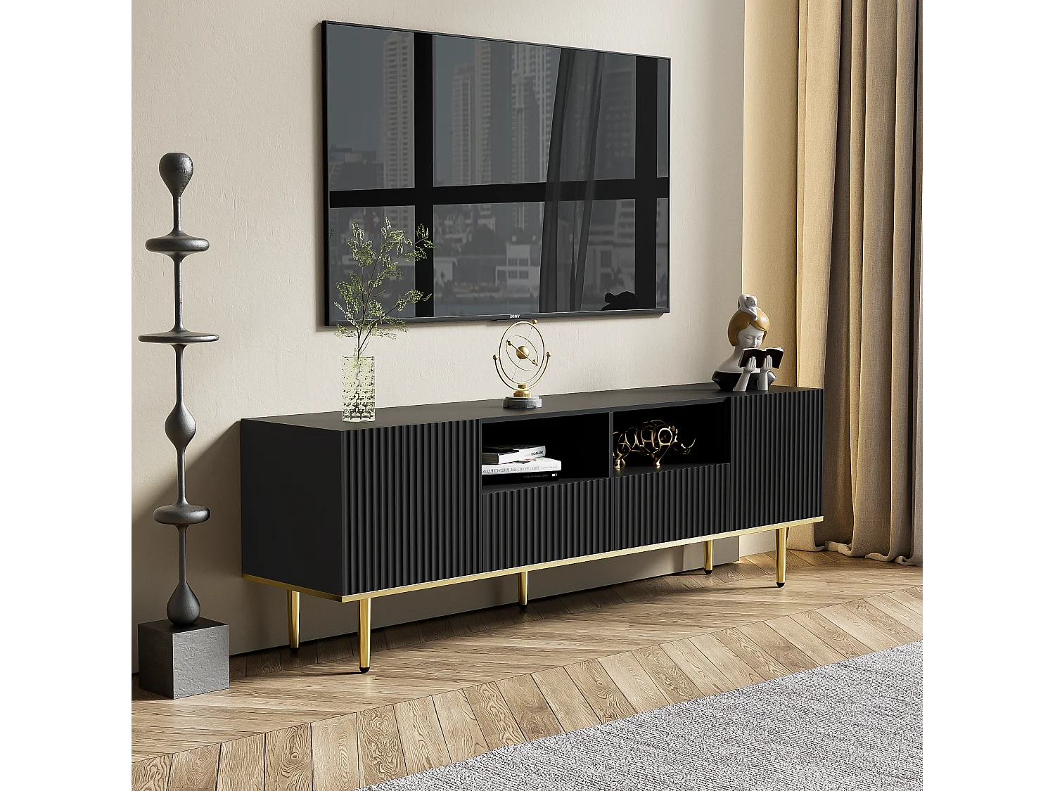 Meuble TV moderne avec pieds dorés et finition en bois, design élégant, MDF, noir et or (175x30x46cm)