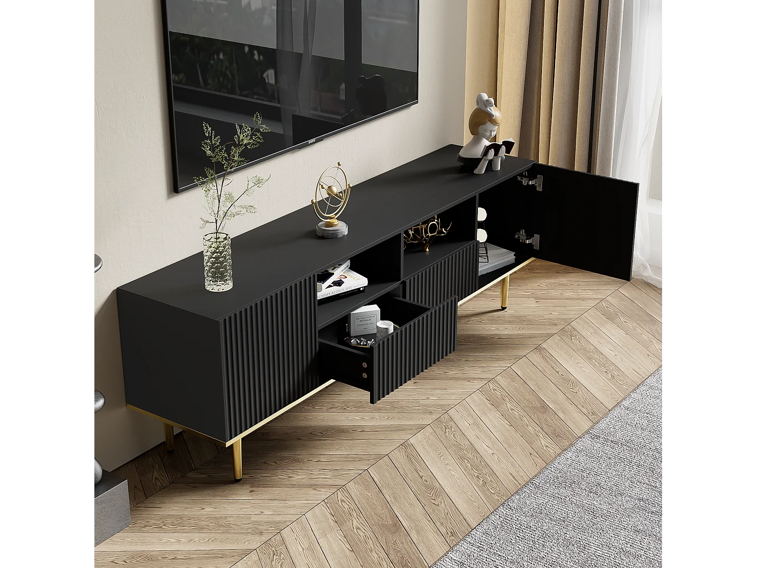 Meuble TV moderne avec pieds dorés et finition en bois, design élégant, MDF, noir et or (175x30x46cm)