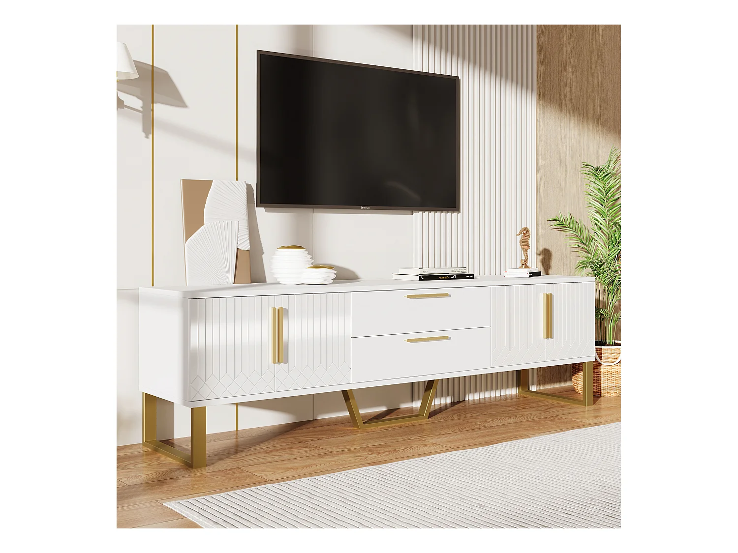Meuble TV haut de gamme, design moderne, MDF, blanc et doré, avec 4 tiroirs et portes sculptées (170x40x53.5cm)