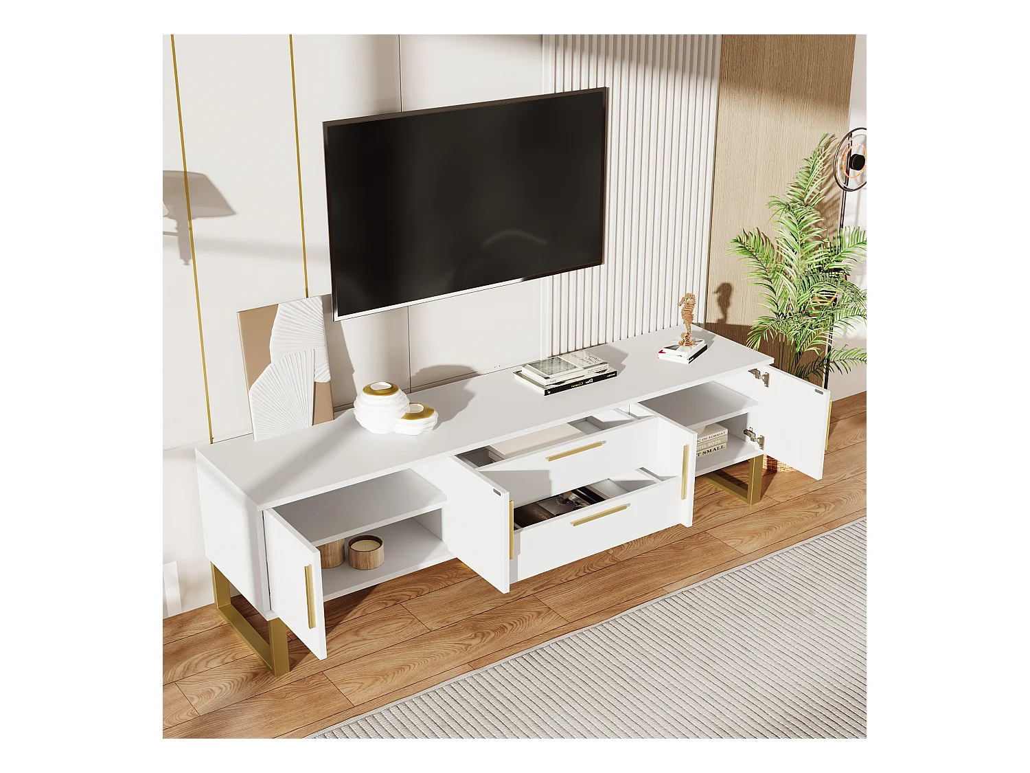 Meuble TV haut de gamme, design moderne, MDF, blanc et doré, avec 4 tiroirs et portes sculptées (170x40x53.5cm)