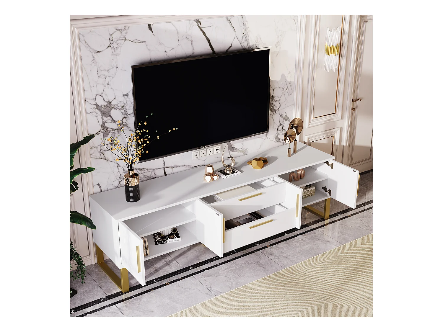 Meuble TV haut de gamme, design moderne, MDF, blanc et doré, avec 4 tiroirs et portes sculptées (170x40x53.5cm)