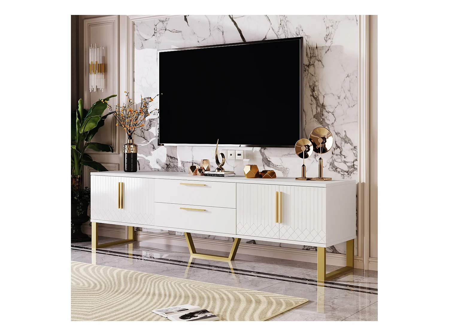 Meuble TV haut de gamme, design moderne, MDF, blanc et doré, avec 4 tiroirs et portes sculptées (170x40x53.5cm)