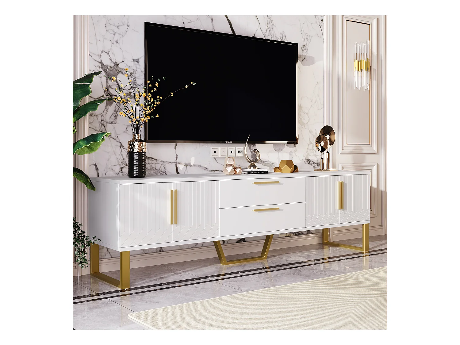 Meuble TV haut de gamme, design moderne, MDF, blanc et doré, avec 4 tiroirs et portes sculptées (170x40x53.5cm)