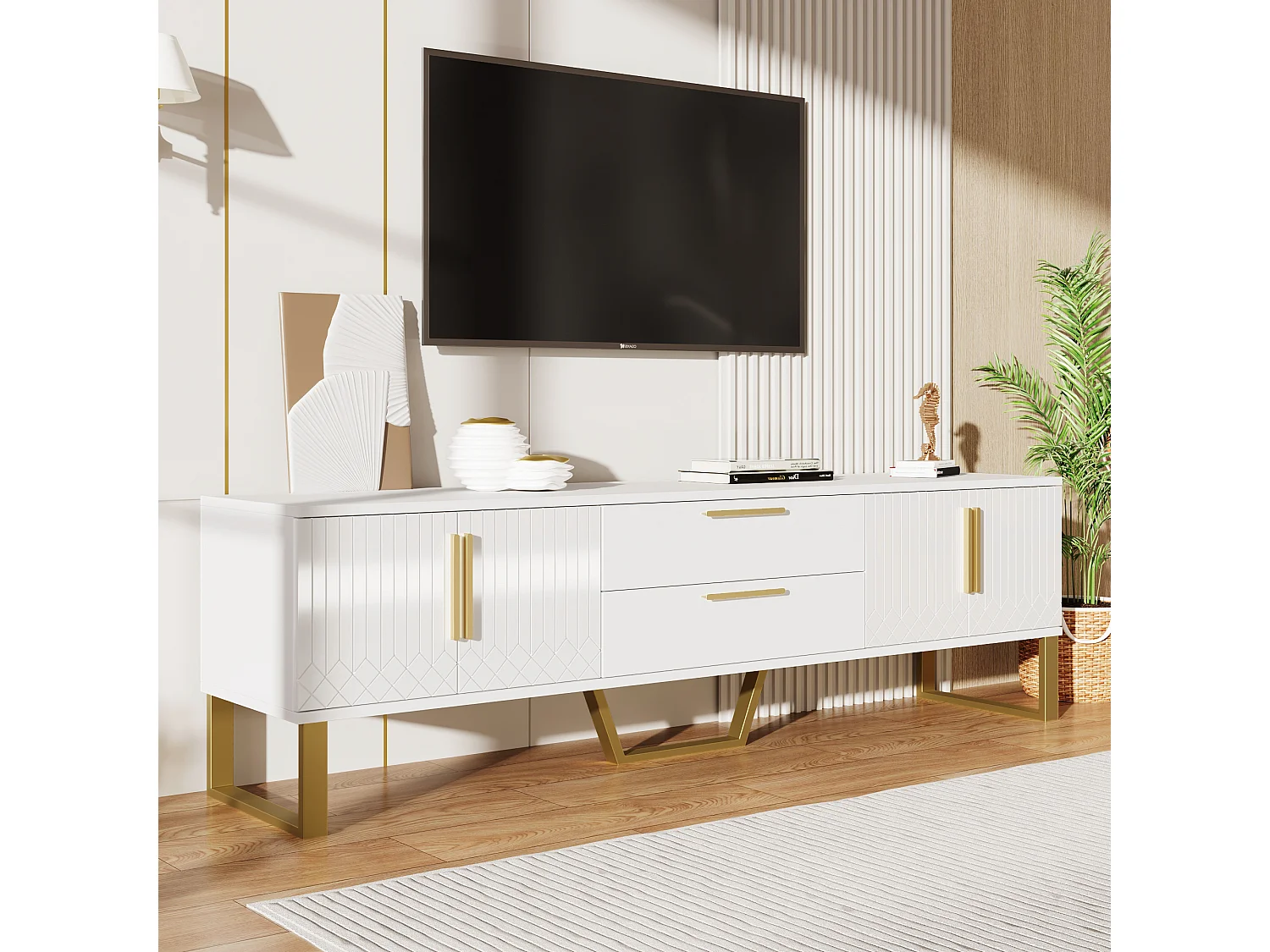 Meuble TV haut de gamme, design moderne, MDF, blanc et doré, avec 4 tiroirs et portes sculptées (170x40x53.5cm)