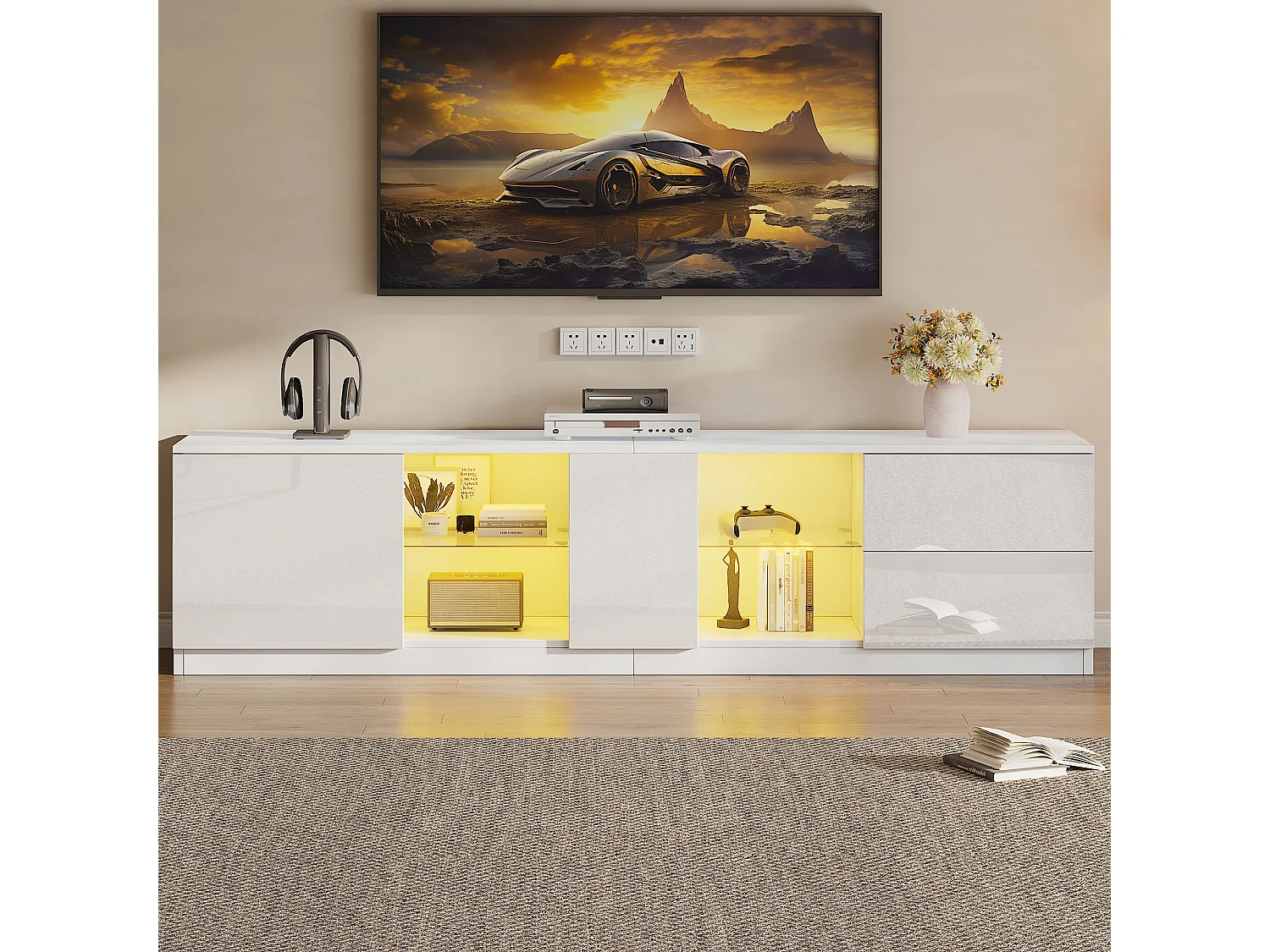 TV-Schrank mit LED-Beleuchtung, Hochglanz-Kommode, tablero para TV, para televisores de 65", aparadores modernos con estructura, blanco (160x40x52cm)