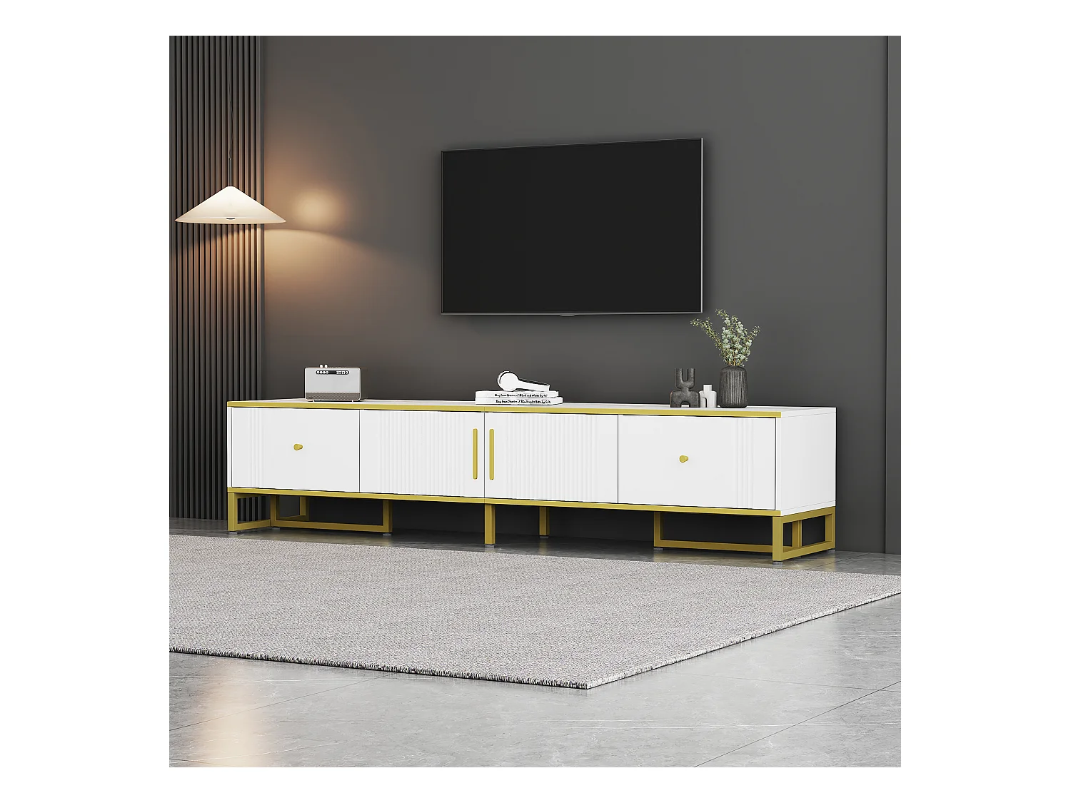 Meuble TV 180cm avec 2 portes, 2 tiroirs, pieds réglables, câble management, bois, blanc, (180x40x40cm)