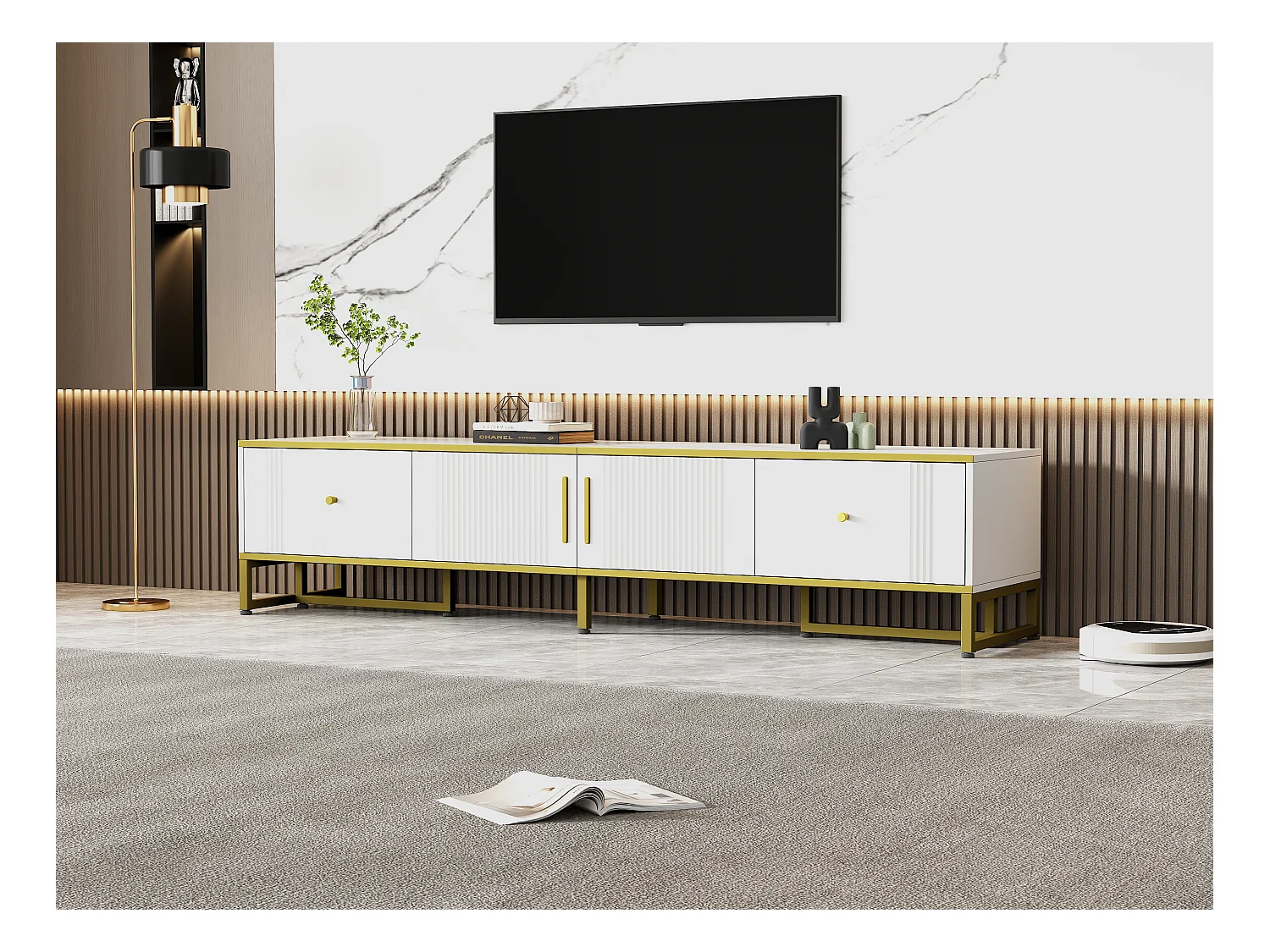 Meuble TV 180cm avec 2 portes, 2 tiroirs, pieds réglables, câble management, bois, blanc, (180x40x40cm)