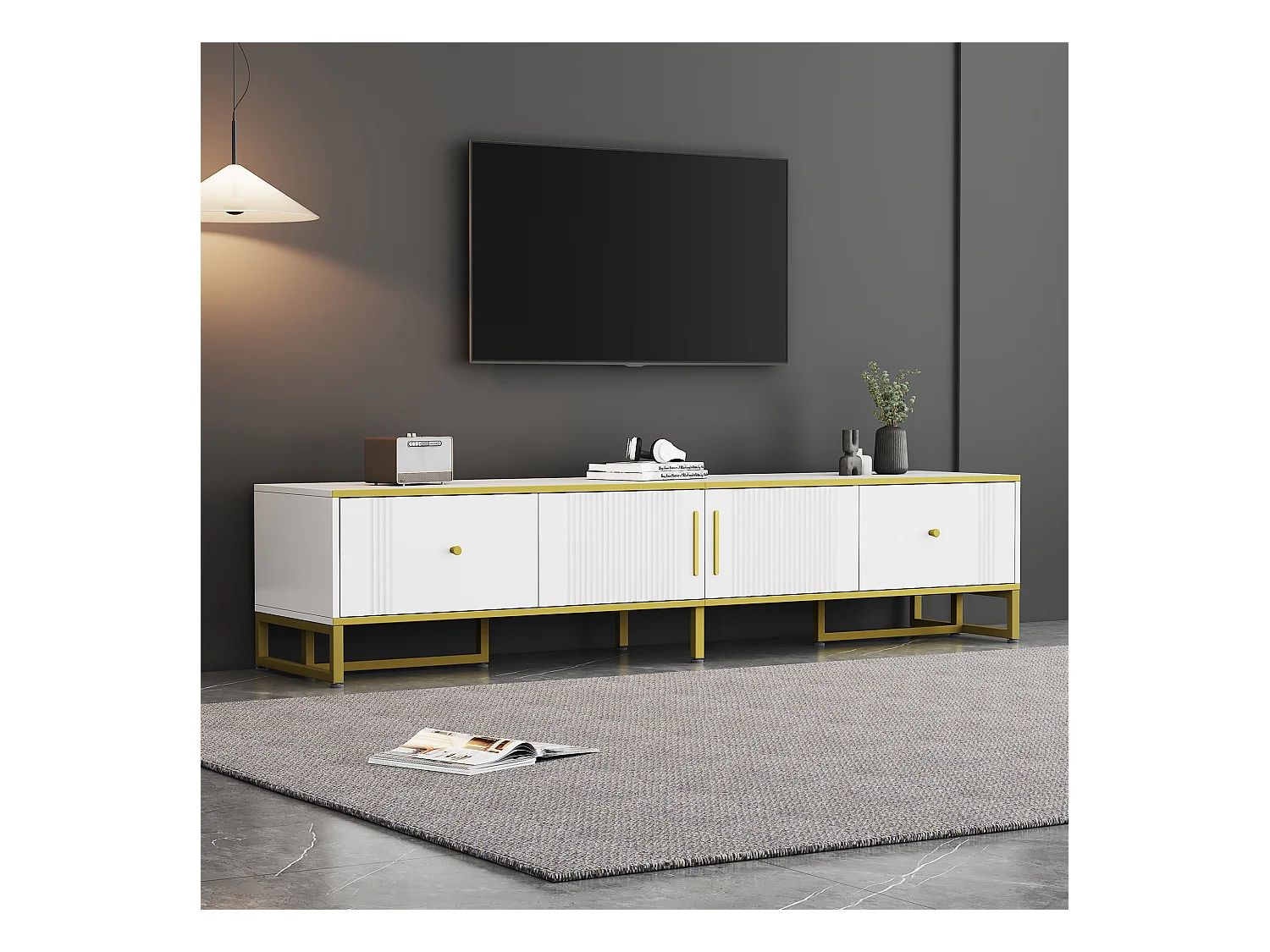 Meuble TV 180cm avec 2 portes, 2 tiroirs, pieds réglables, câble management, bois, blanc, (180x40x40cm)