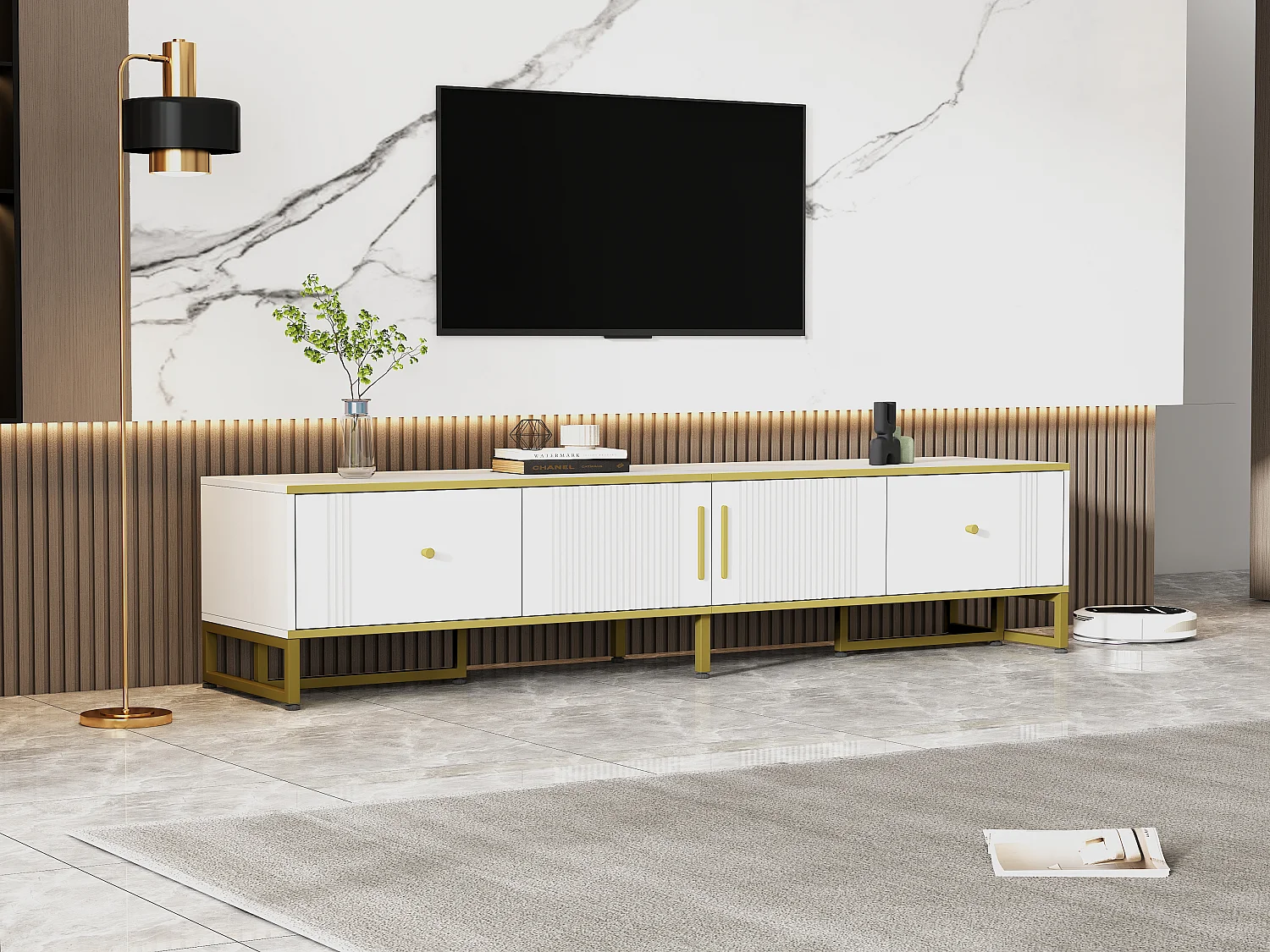 Meuble TV 180cm avec 2 portes, 2 tiroirs, pieds réglables, câble management, bois, blanc, (180x40x40cm)