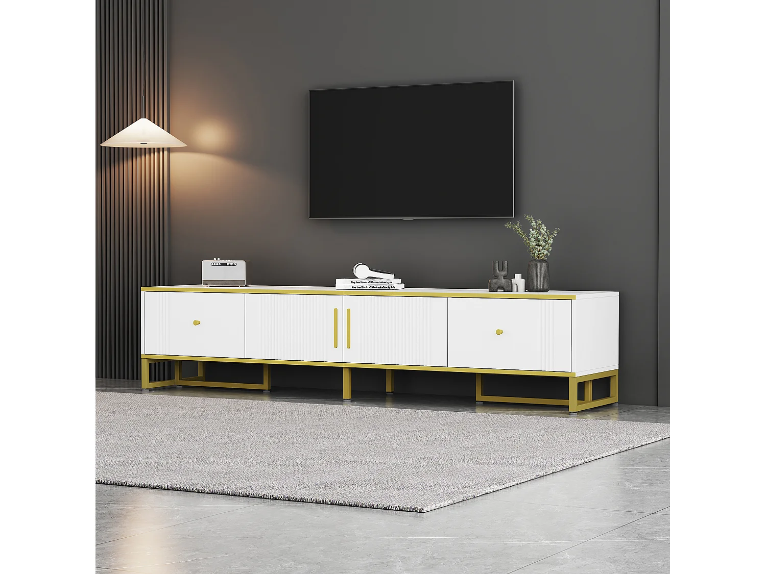 Meuble TV 180cm avec 2 portes, 2 tiroirs, pieds réglables, câble management, bois, blanc, (180x40x40cm)
