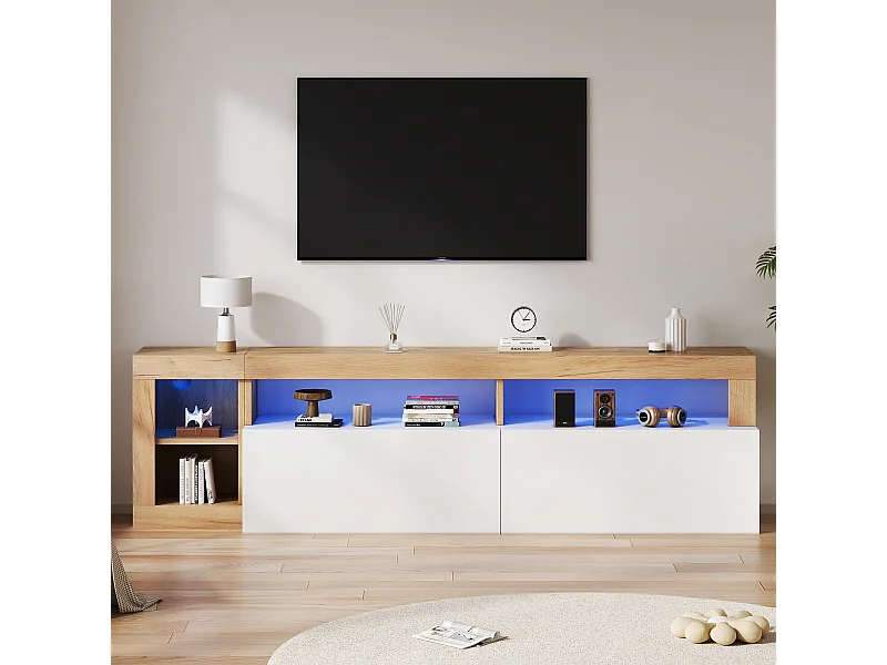 Mobile porta TV moderno con illuminazione a LED, per TV fino a 80 pollici, legno naturale e ante bianche (184x42x58 cm)