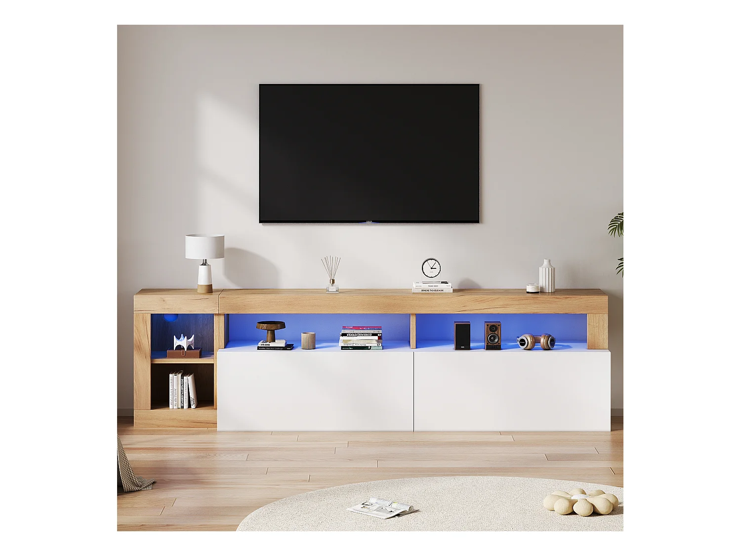Meuble TV moderne avec éclairage LED, pour téléviseurs jusqu'à 80 pouces, bois naturel et portes blanches (184x42x58 cm)