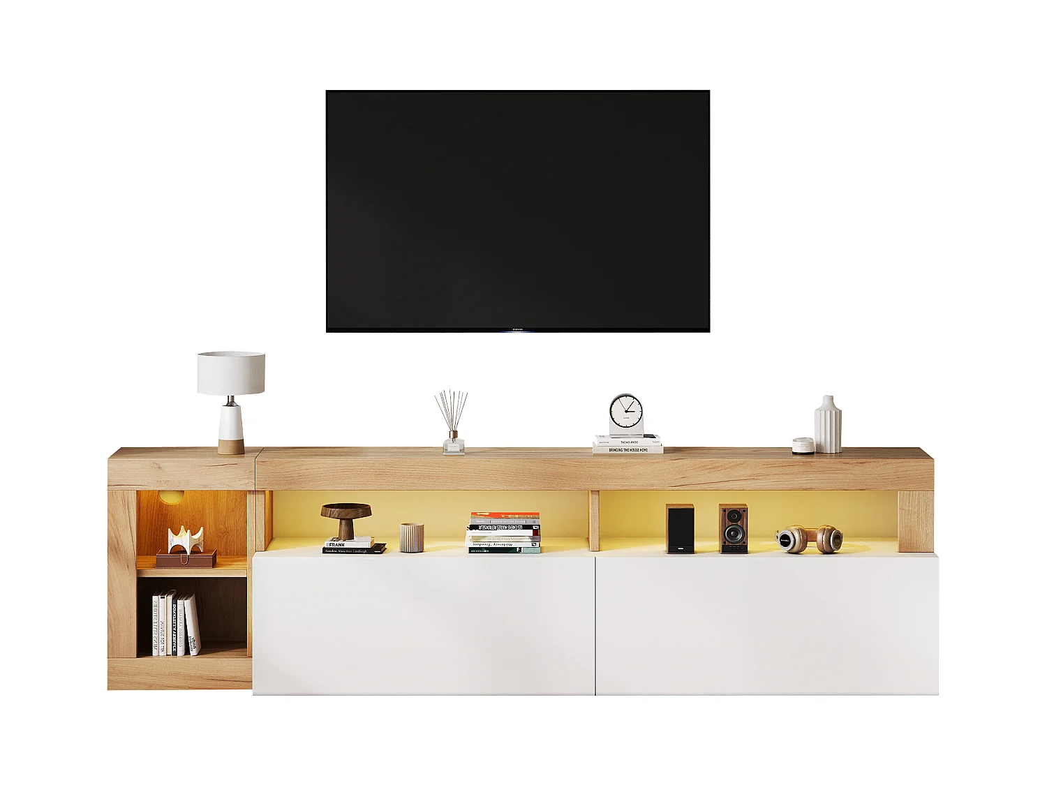 Meuble TV moderne avec éclairage LED, pour téléviseurs jusqu'à 80 pouces, bois naturel et portes blanches (184x42x58 cm)