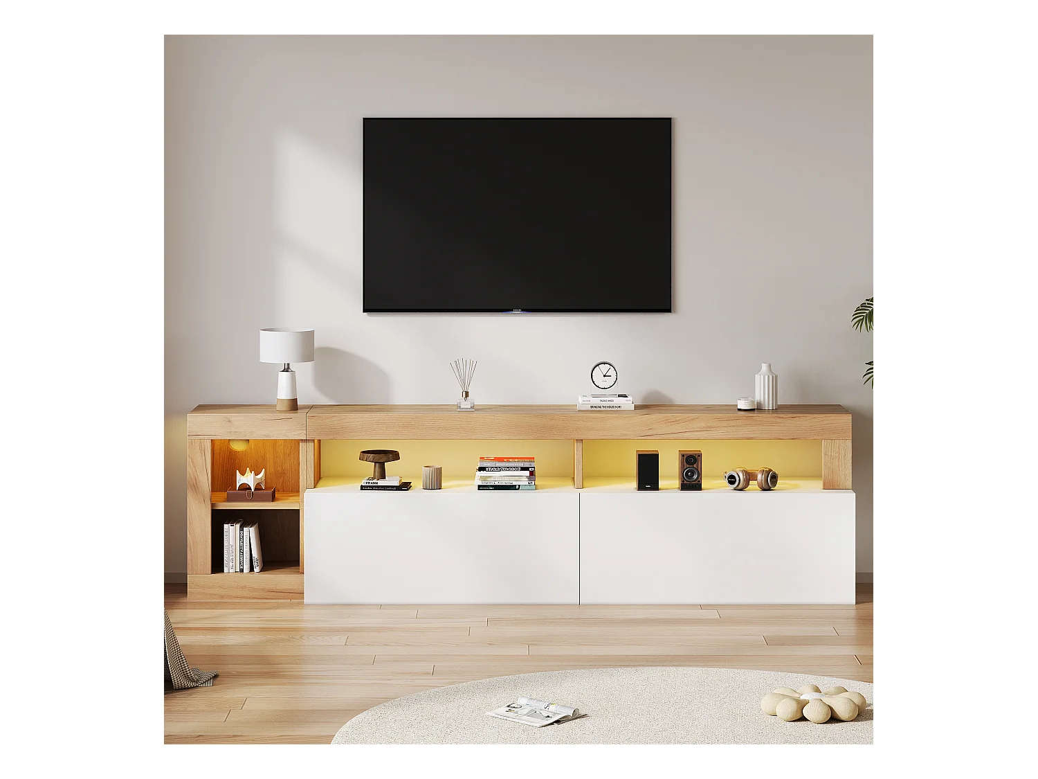Meuble TV moderne avec éclairage LED, pour téléviseurs jusqu'à 80 pouces, bois naturel et portes blanches (184x42x58 cm)