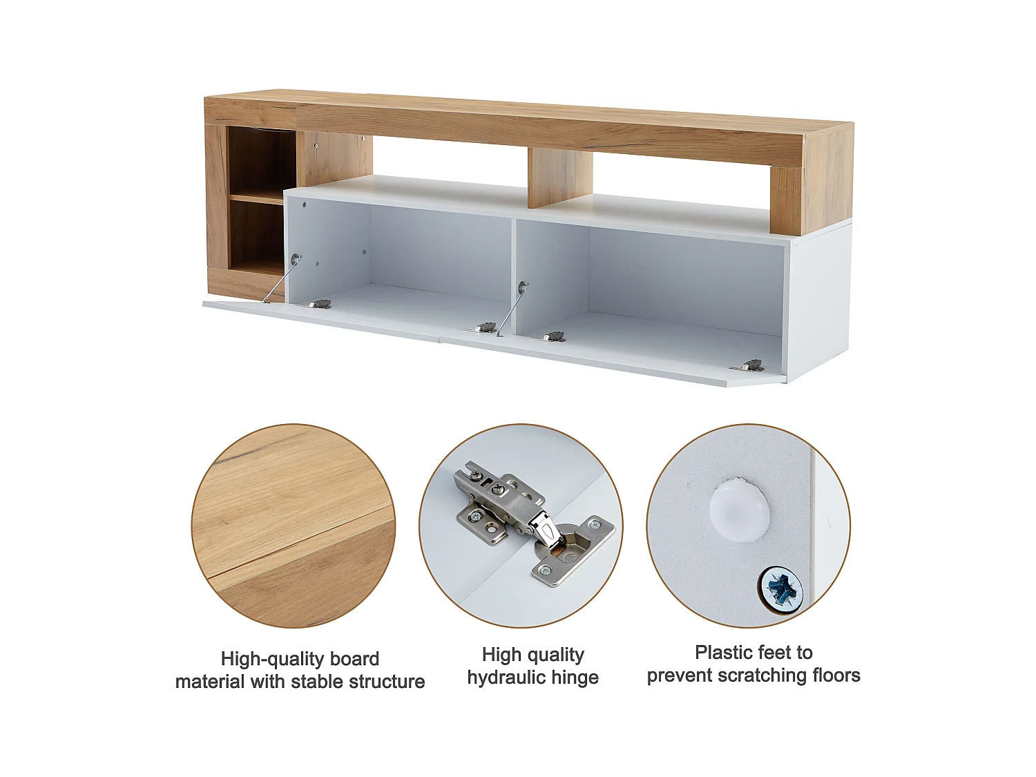 Meuble TV moderne avec éclairage LED, pour téléviseurs jusqu'à 80 pouces, bois naturel et portes blanches (184x42x58 cm)