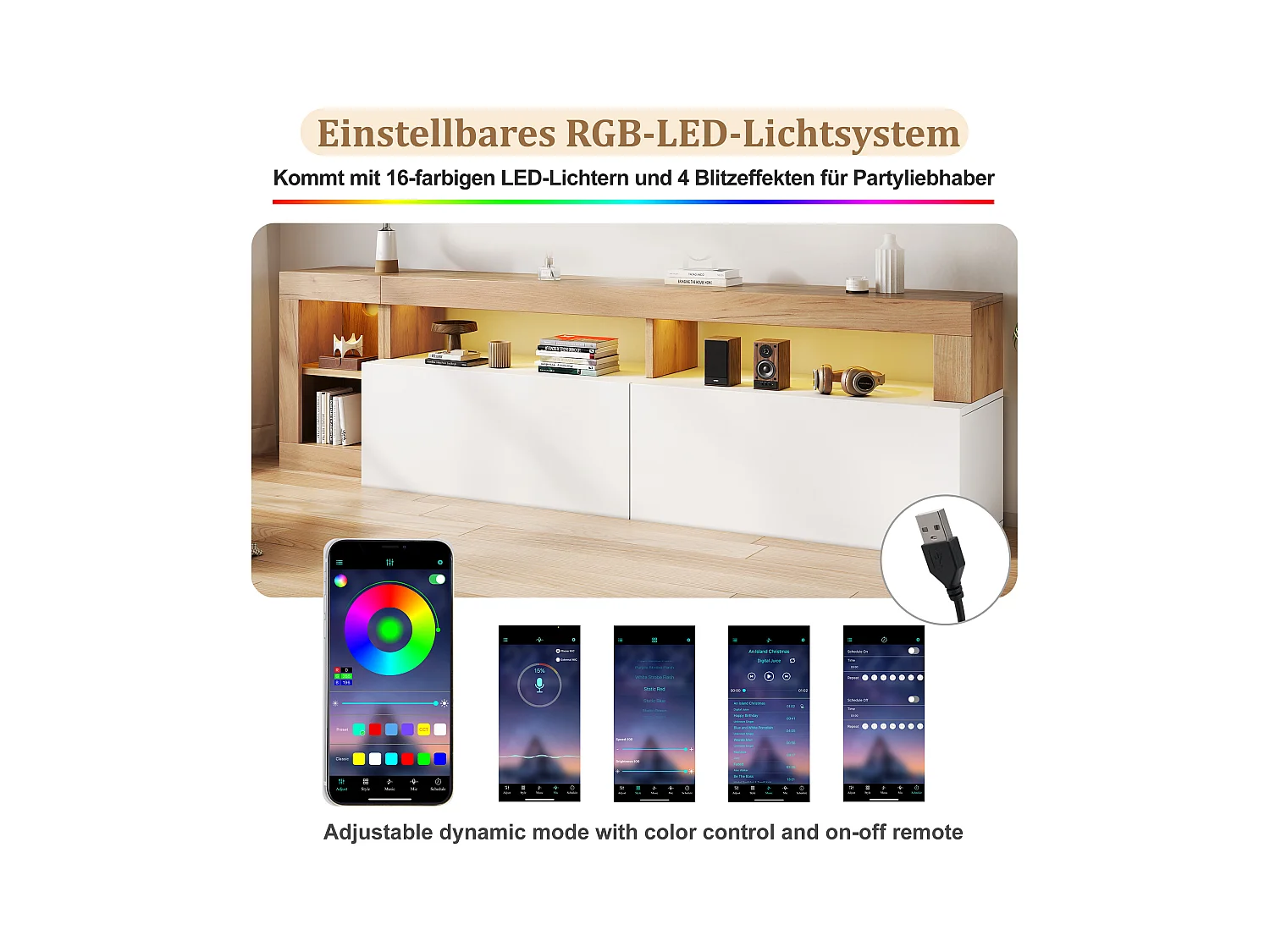 Meuble TV moderne avec éclairage LED, pour téléviseurs jusqu'à 80 pouces, bois naturel et portes blanches (184x42x58 cm)