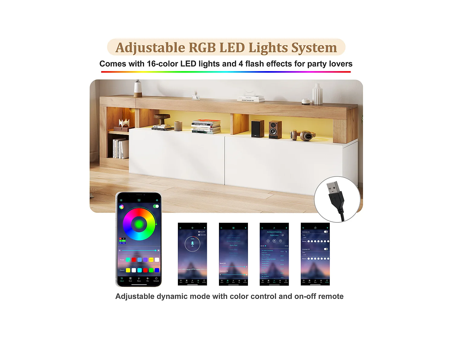 Meuble TV moderne avec éclairage LED, pour téléviseurs jusqu'à 80 pouces, bois naturel et portes blanches (184x42x58 cm)