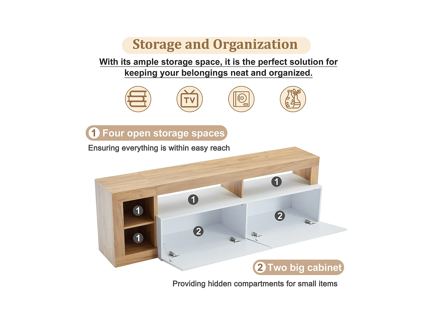 Meuble TV moderne avec éclairage LED, pour téléviseurs jusqu'à 80 pouces, bois naturel et portes blanches (184x42x58 cm)