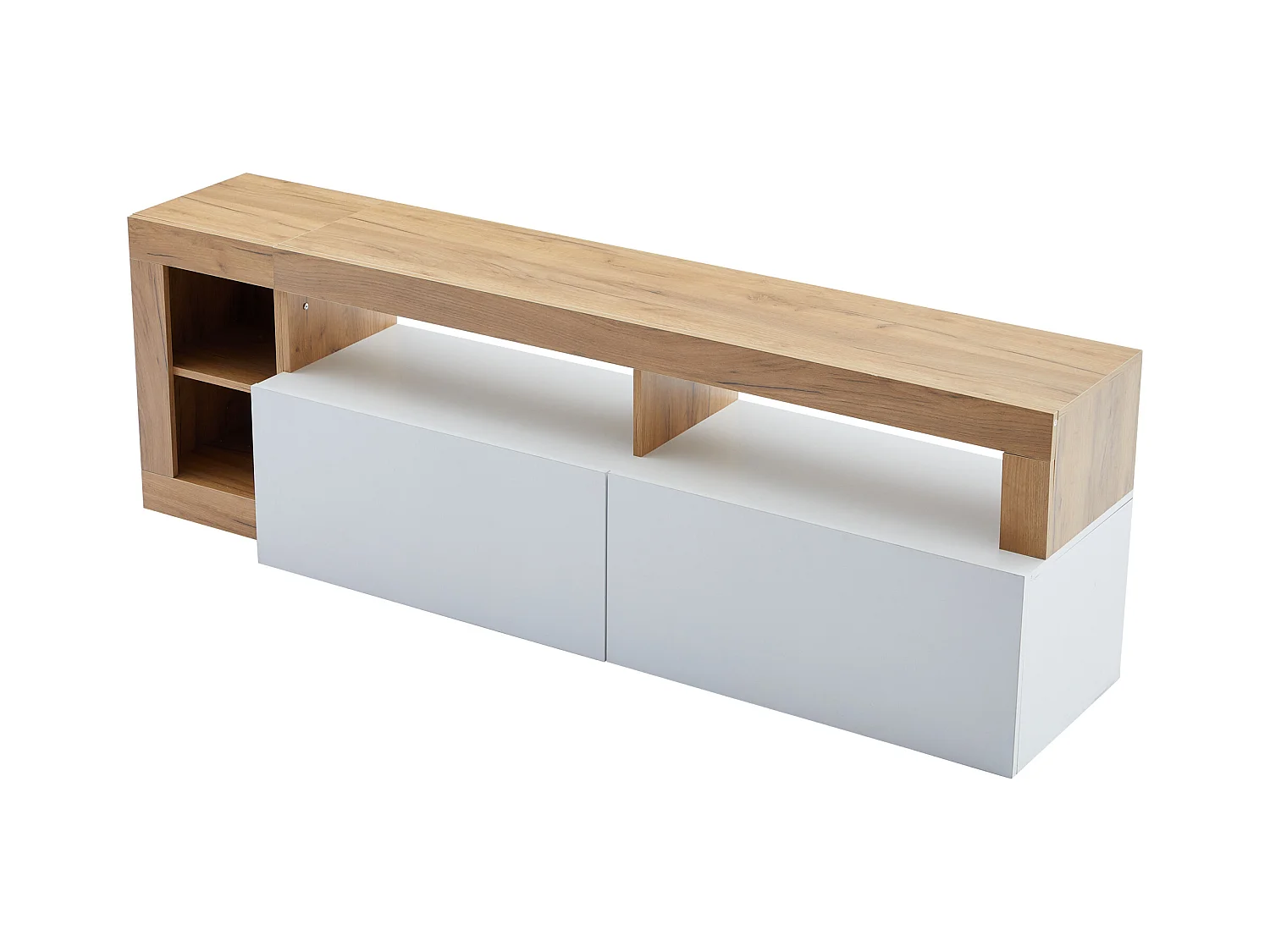 Meuble TV moderne avec éclairage LED, pour téléviseurs jusqu'à 80 pouces, bois naturel et portes blanches (184x42x58 cm)