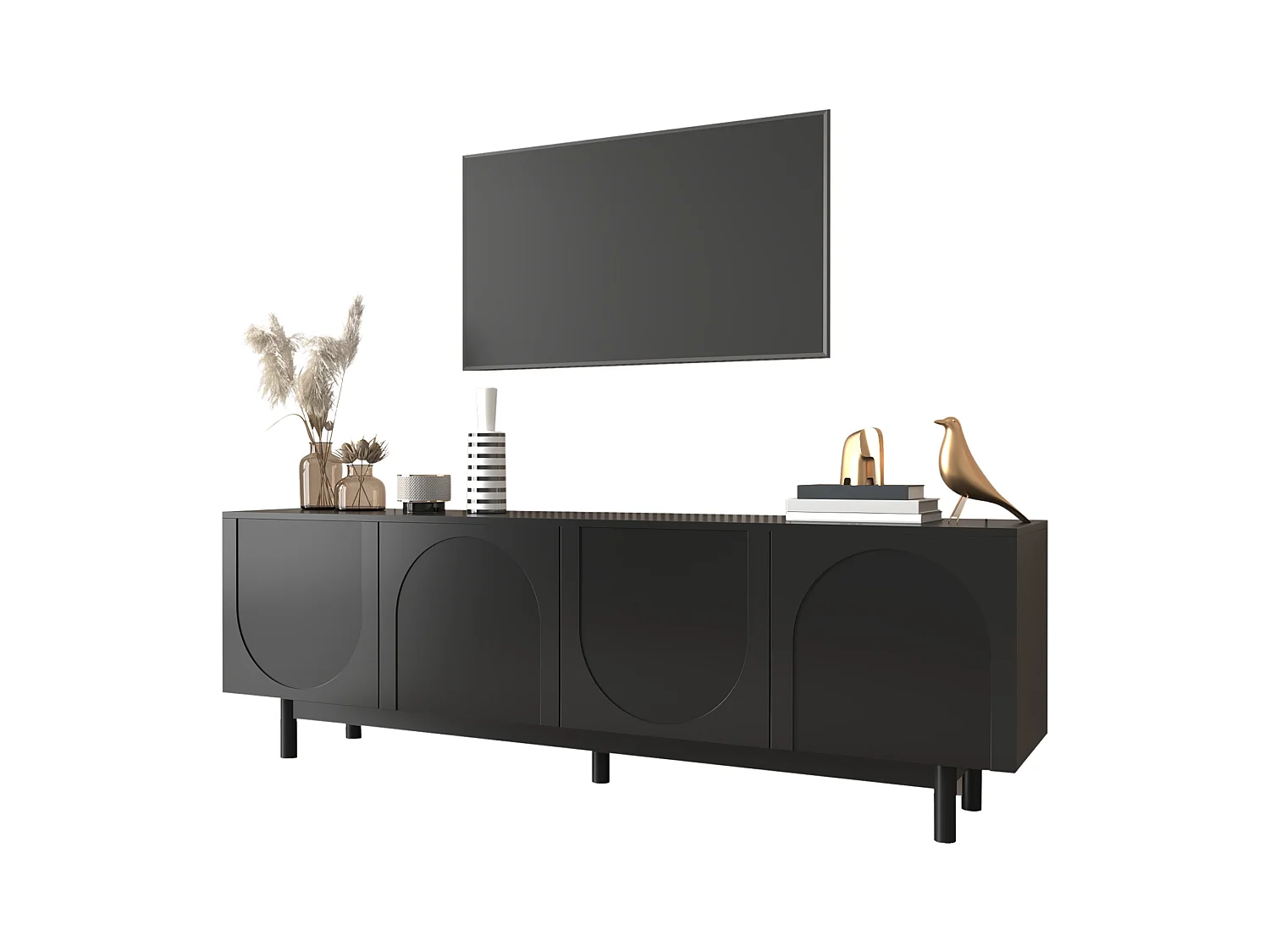 Meuble TV Moderne Noir, Design Élégant avec Étagères Réglables, MDF et Panneau de Particules (175x38x56cm)