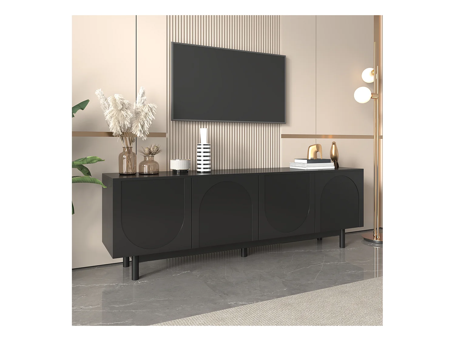 Meuble TV Moderne Noir, Design Élégant avec Étagères Réglables, MDF et Panneau de Particules (175x38x56cm)