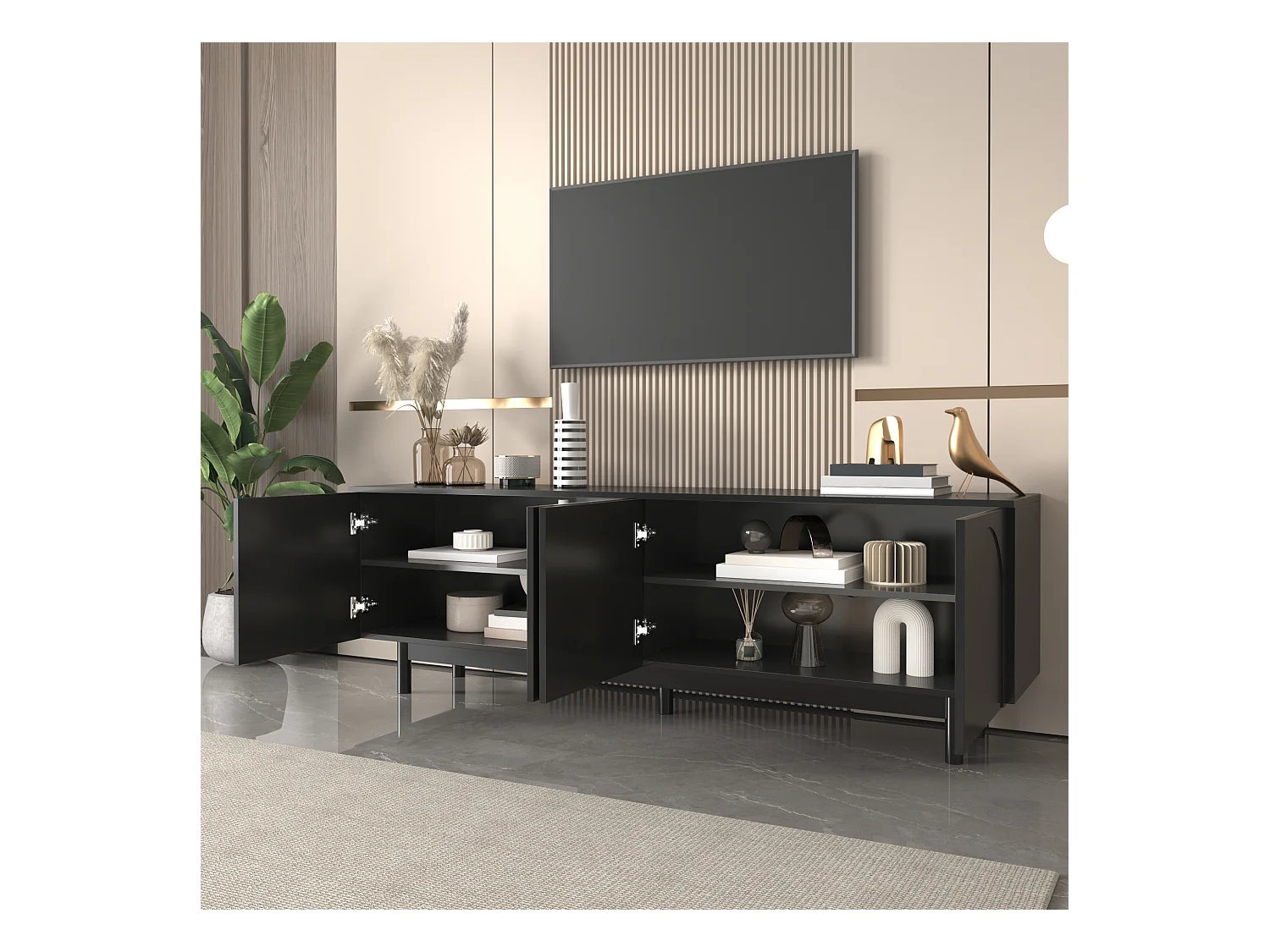 Meuble TV Moderne Noir, Design Élégant avec Étagères Réglables, MDF et Panneau de Particules (175x38x56cm)