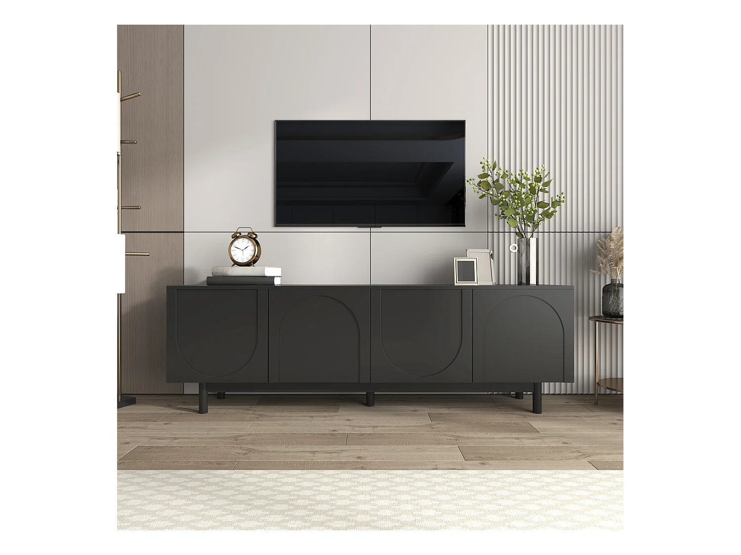 Meuble TV Moderne Noir, Design Élégant avec Étagères Réglables, MDF et Panneau de Particules (175x38x56cm)