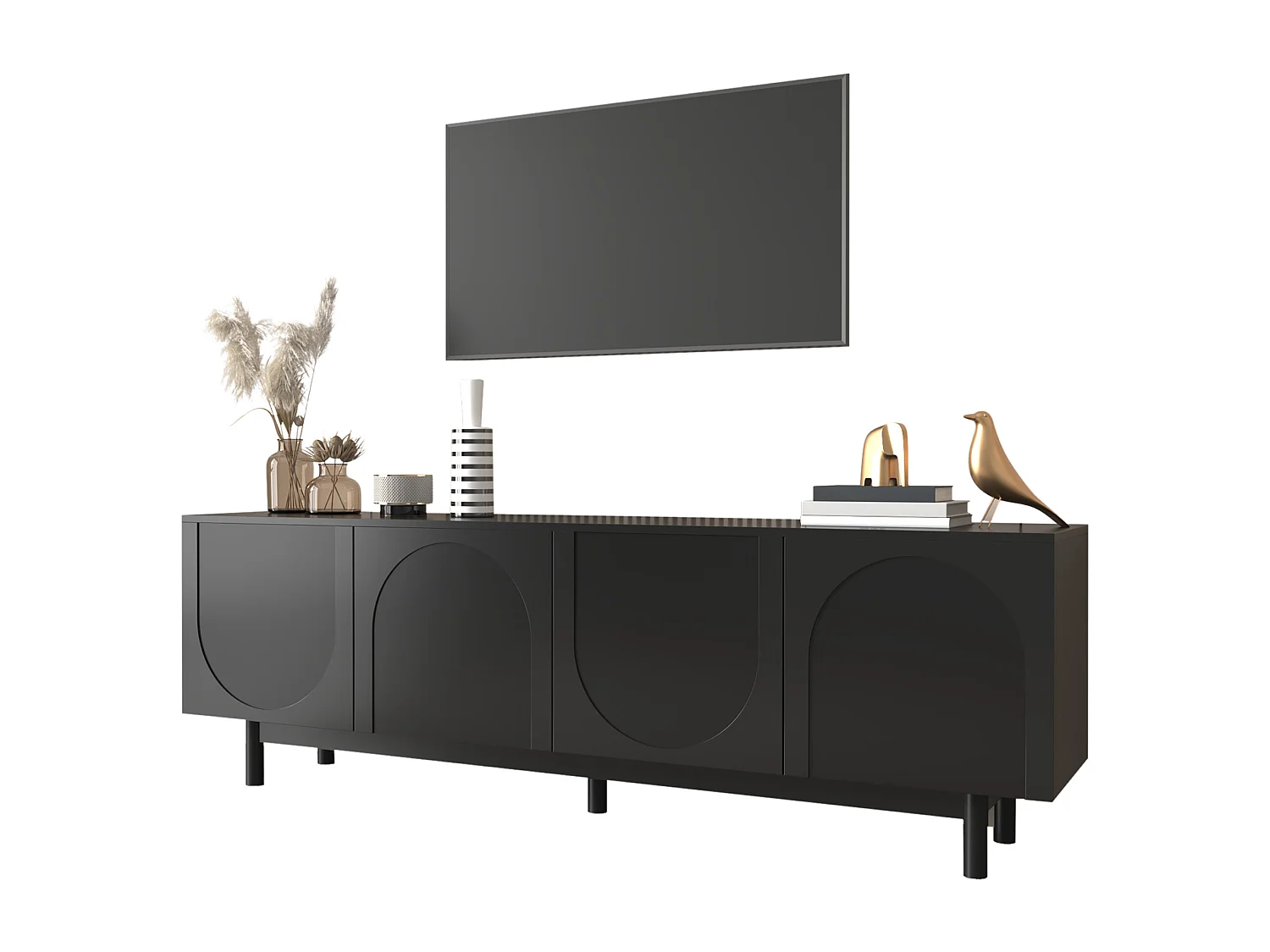 Mueble de TV moderno negro, diseño elegante con estantes ajustables, MDF y tablero de partículas (175 x 38 x 56 cm)