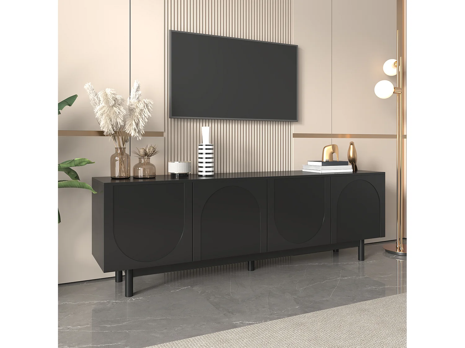 Mueble de TV moderno negro, diseño elegante con estantes ajustables, MDF y tablero de partículas (175 x 38 x 56 cm)