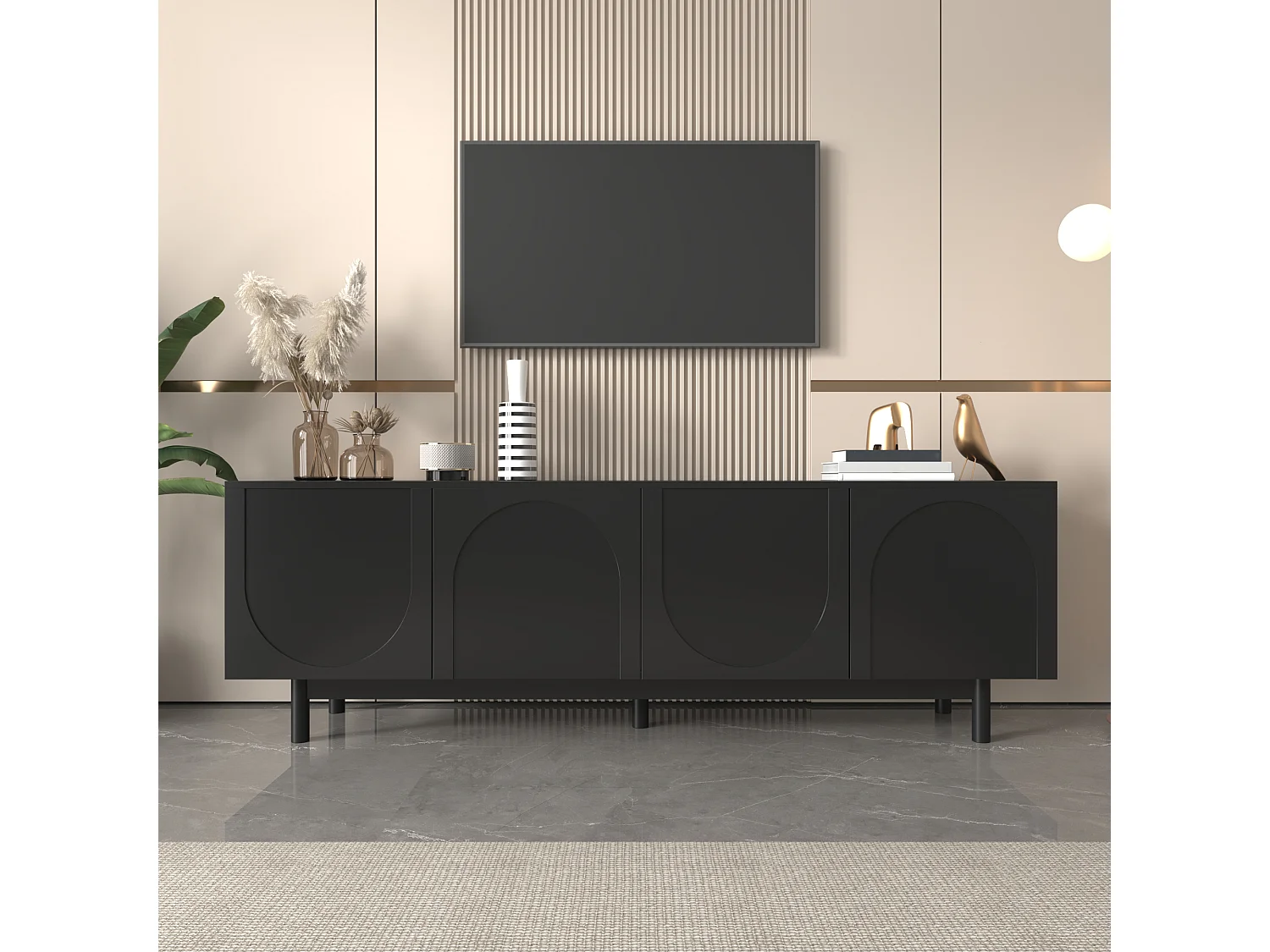 Mueble de TV moderno negro, diseño elegante con estantes ajustables, MDF y tablero de partículas (175 x 38 x 56 cm)