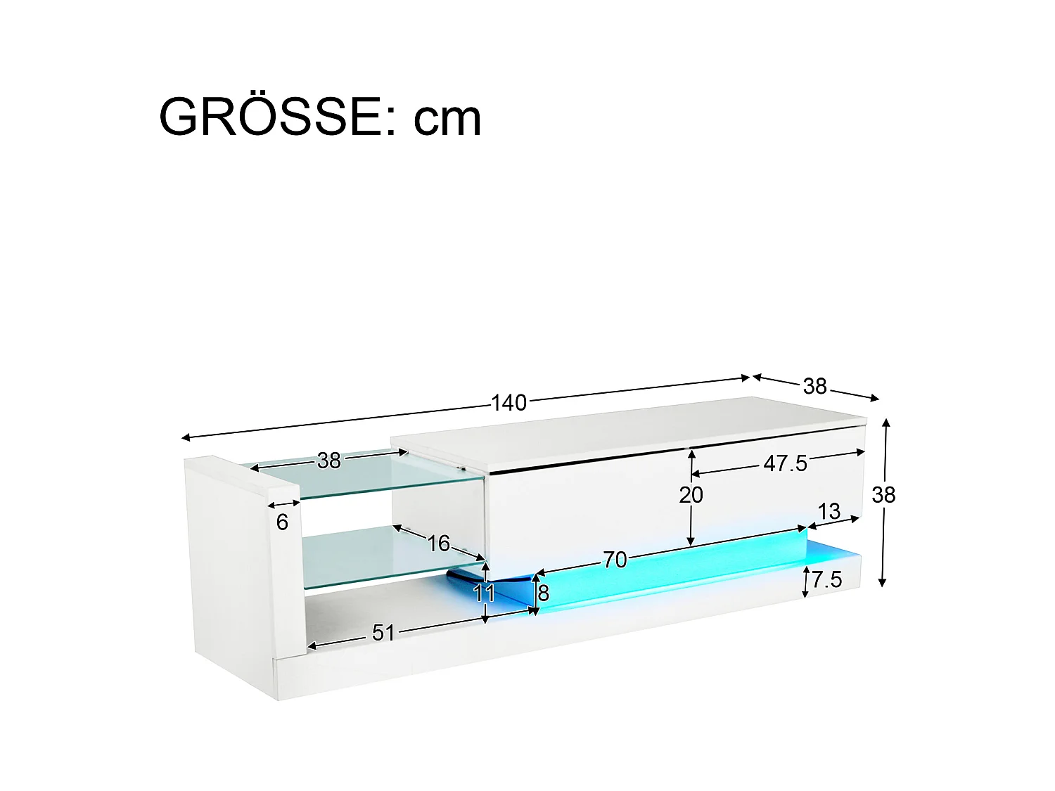 Meuble TV blanc laqué avec LED, 16 couleurs, pour TV 60 pouces, 140x38x38cm