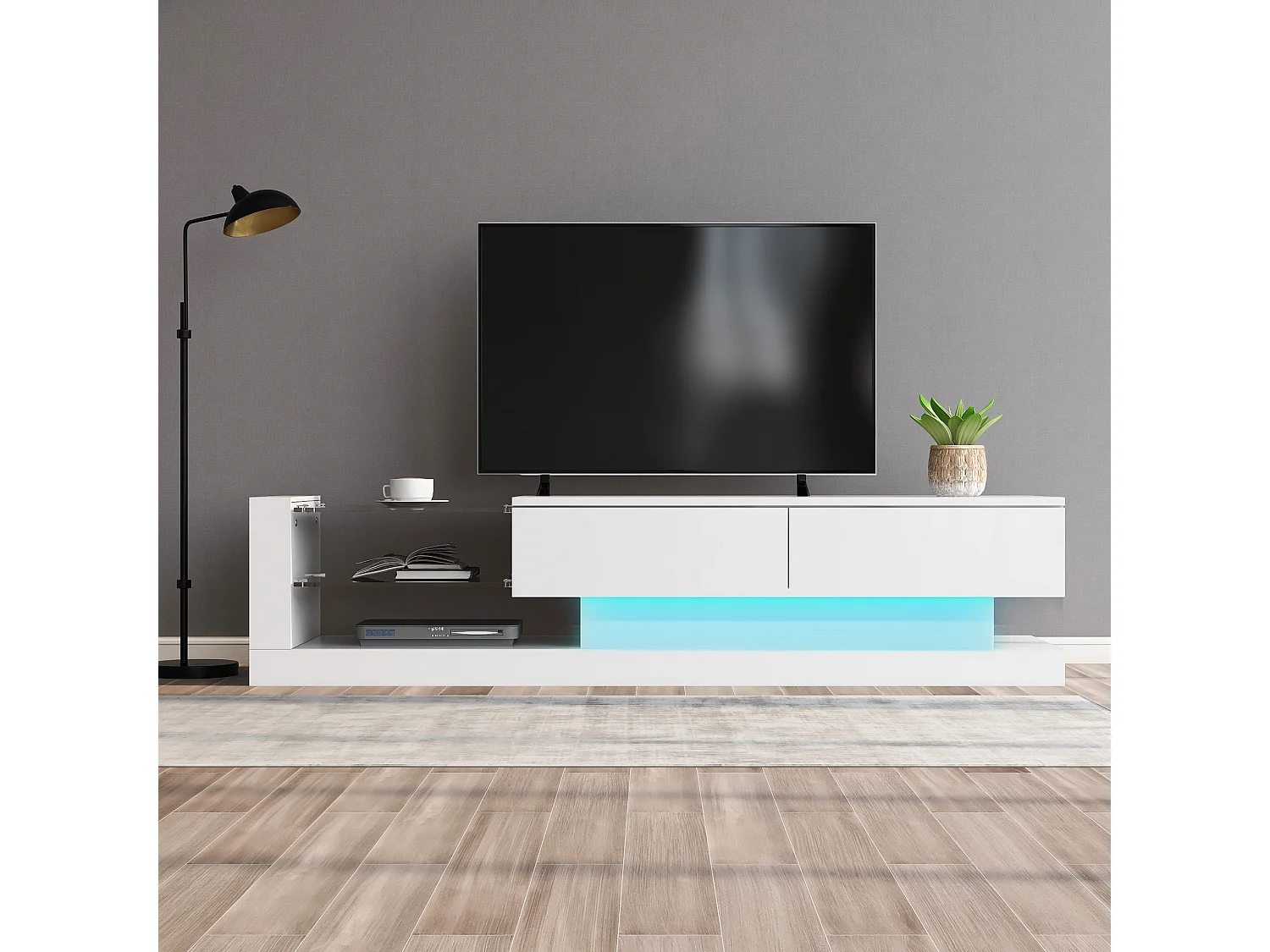 Meuble TV blanc laqué avec LED, 16 couleurs, pour TV 60 pouces, 140x38x38cm
