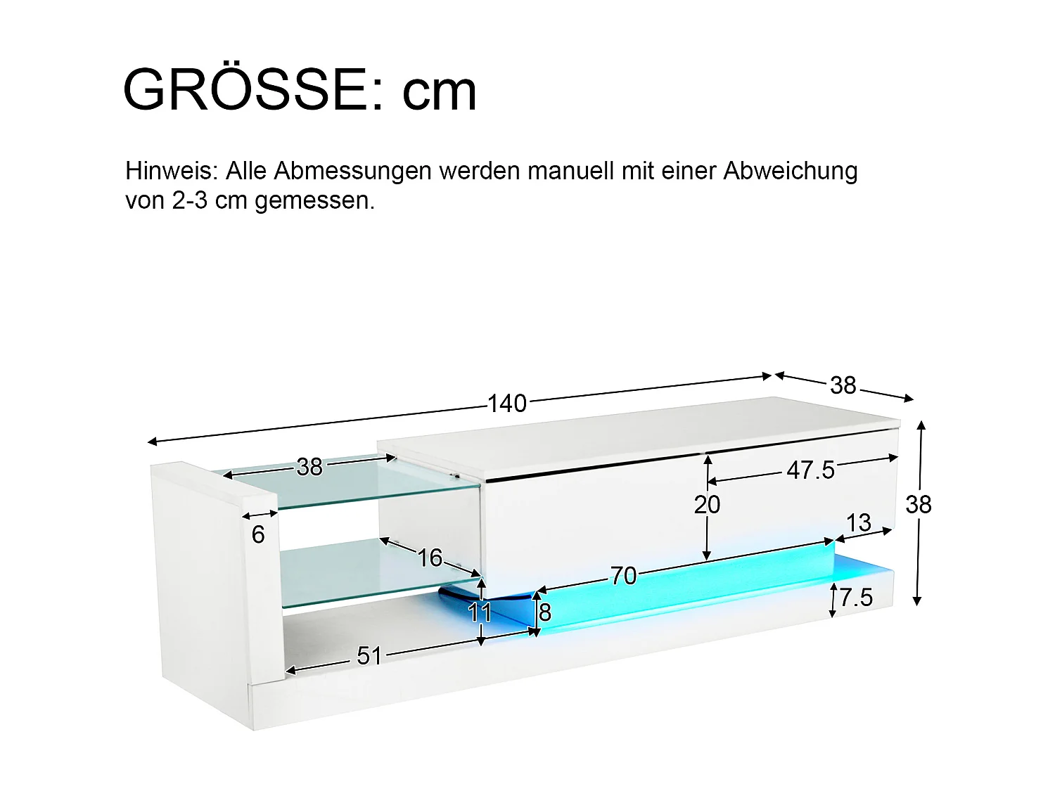 Meuble TV blanc laqué avec LED, 16 couleurs, pour TV 60 pouces, 140x38x38cm