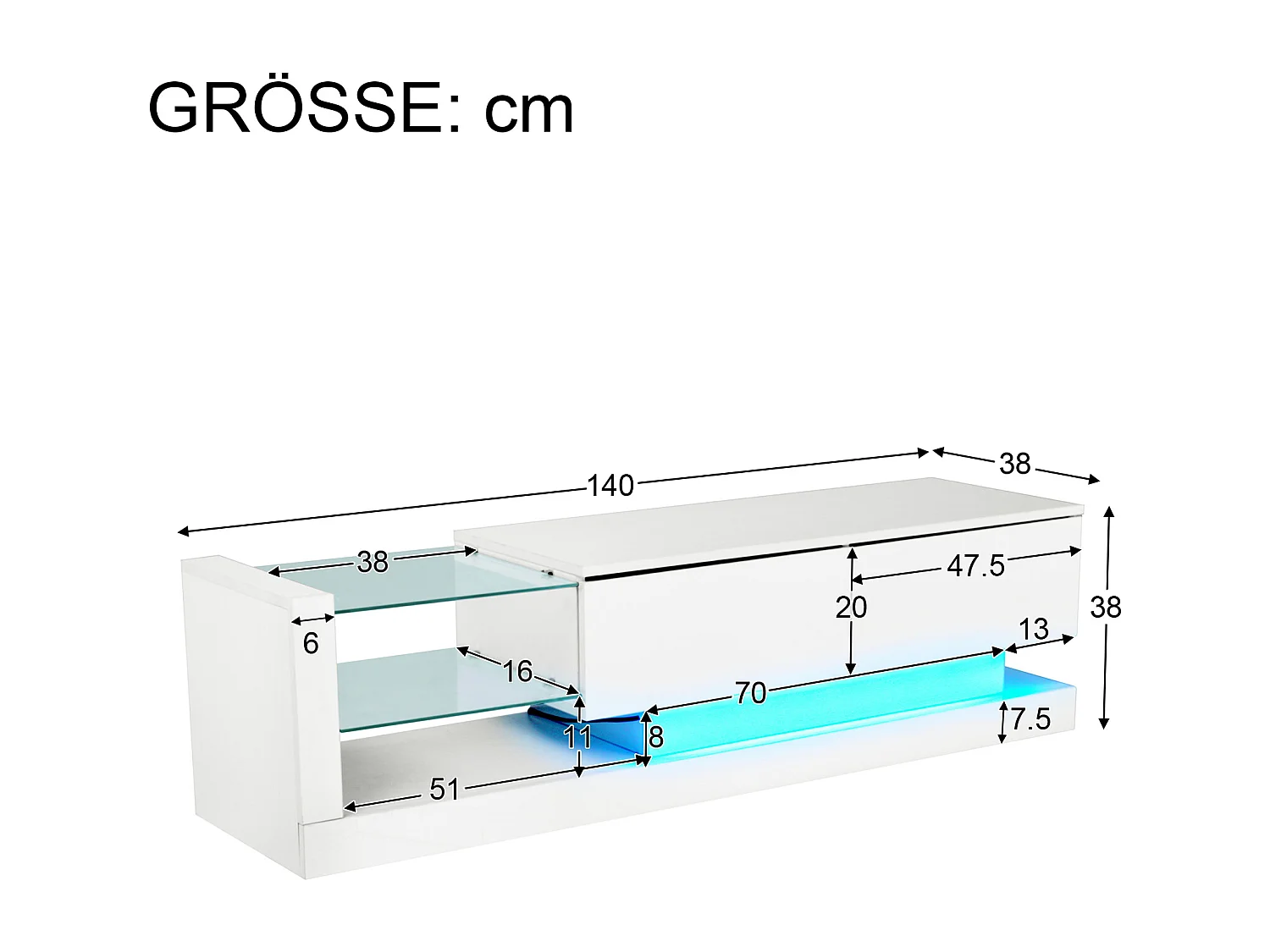 Meuble TV blanc laqué avec LED, 16 couleurs, pour TV 60 pouces, 140x38x38cm