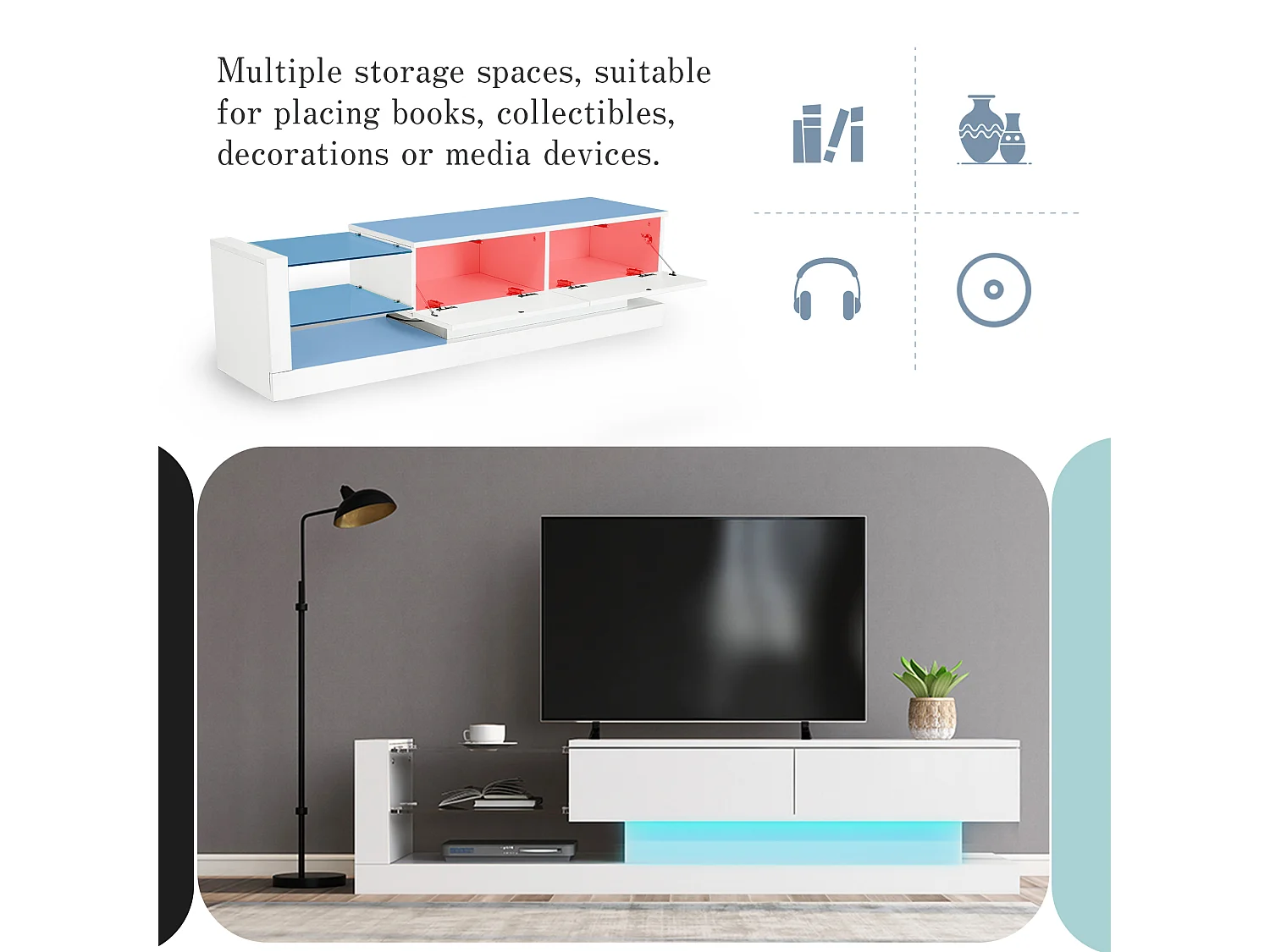Meuble TV blanc laqué avec LED, 16 couleurs, pour TV 60 pouces, 140x38x38cm