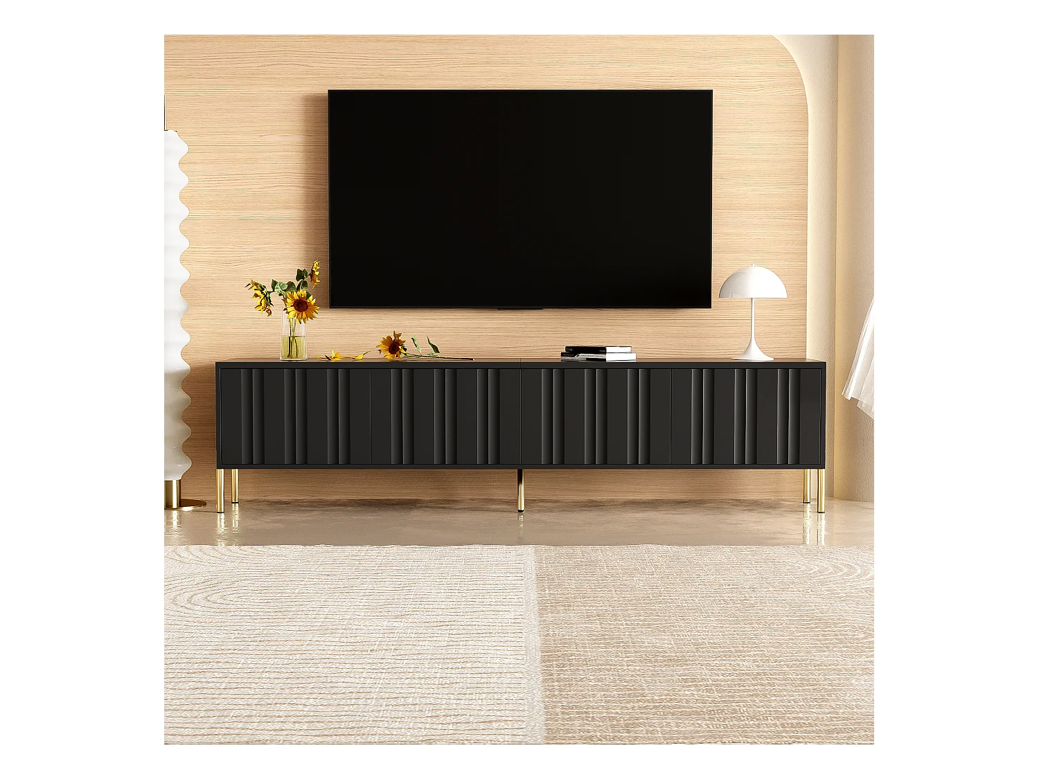 Meuble TV Noir, 4 portes, Design Élégant, Pieds dorés, MDF (190x38x48cm)