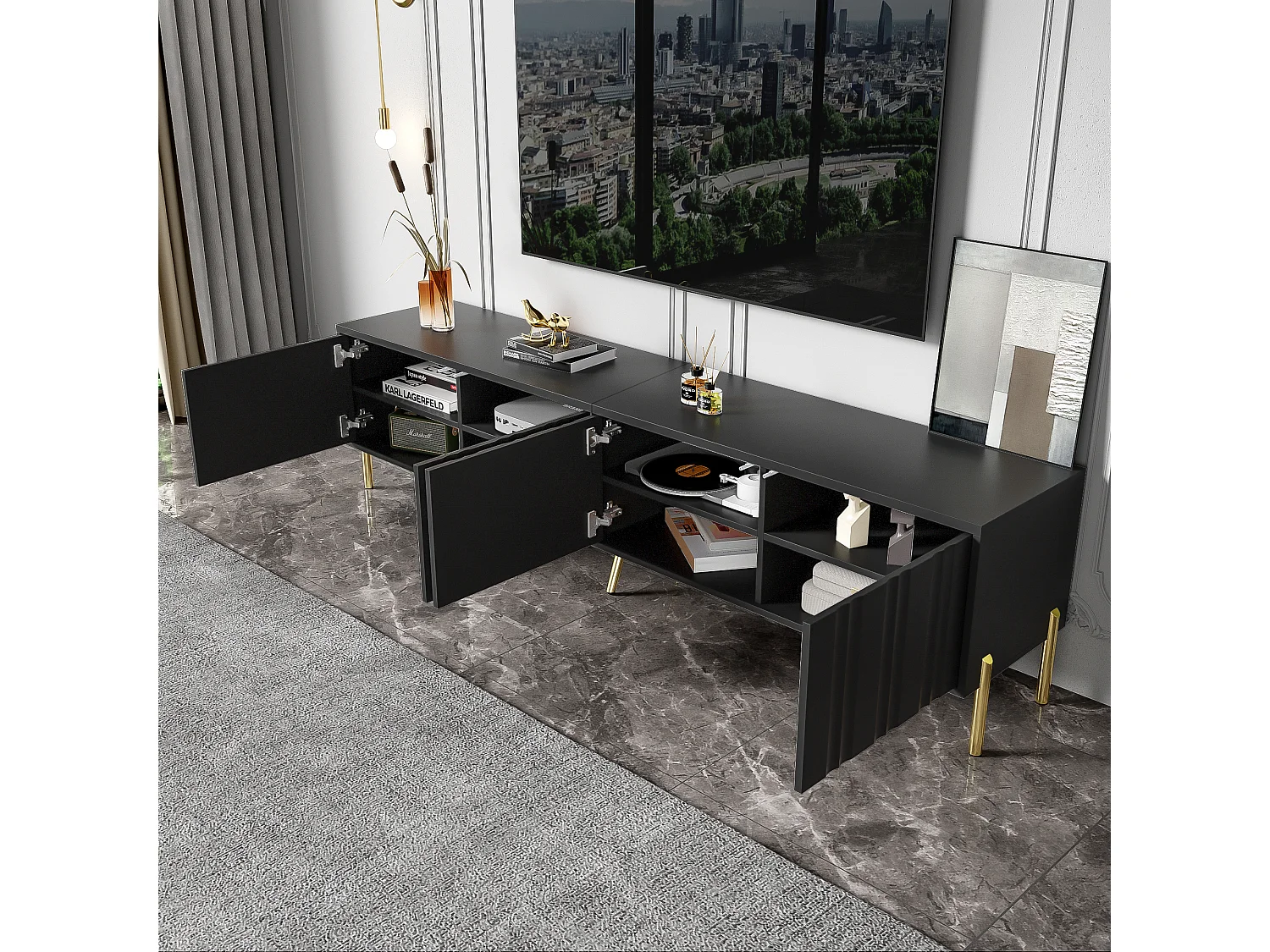 Meuble TV Noir, 4 portes, Design Élégant, Pieds dorés, MDF (190x38x48cm)