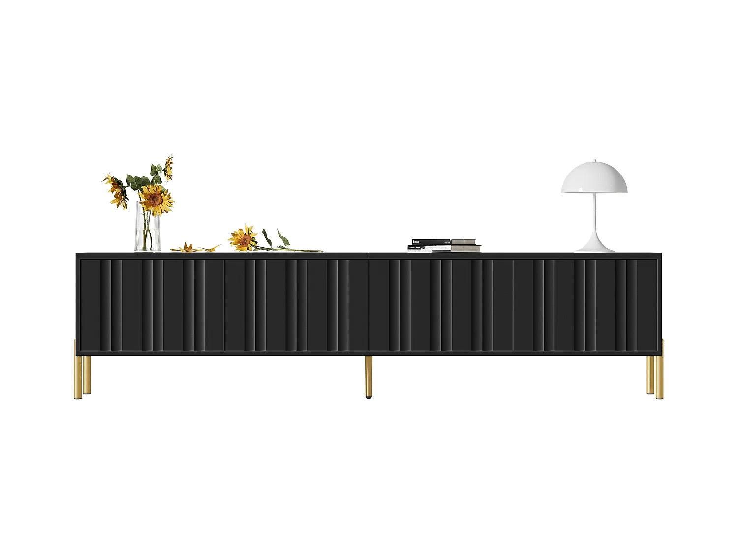 Meuble TV Noir, 4 portes, Design Élégant, Pieds dorés, MDF (190x38x48cm)